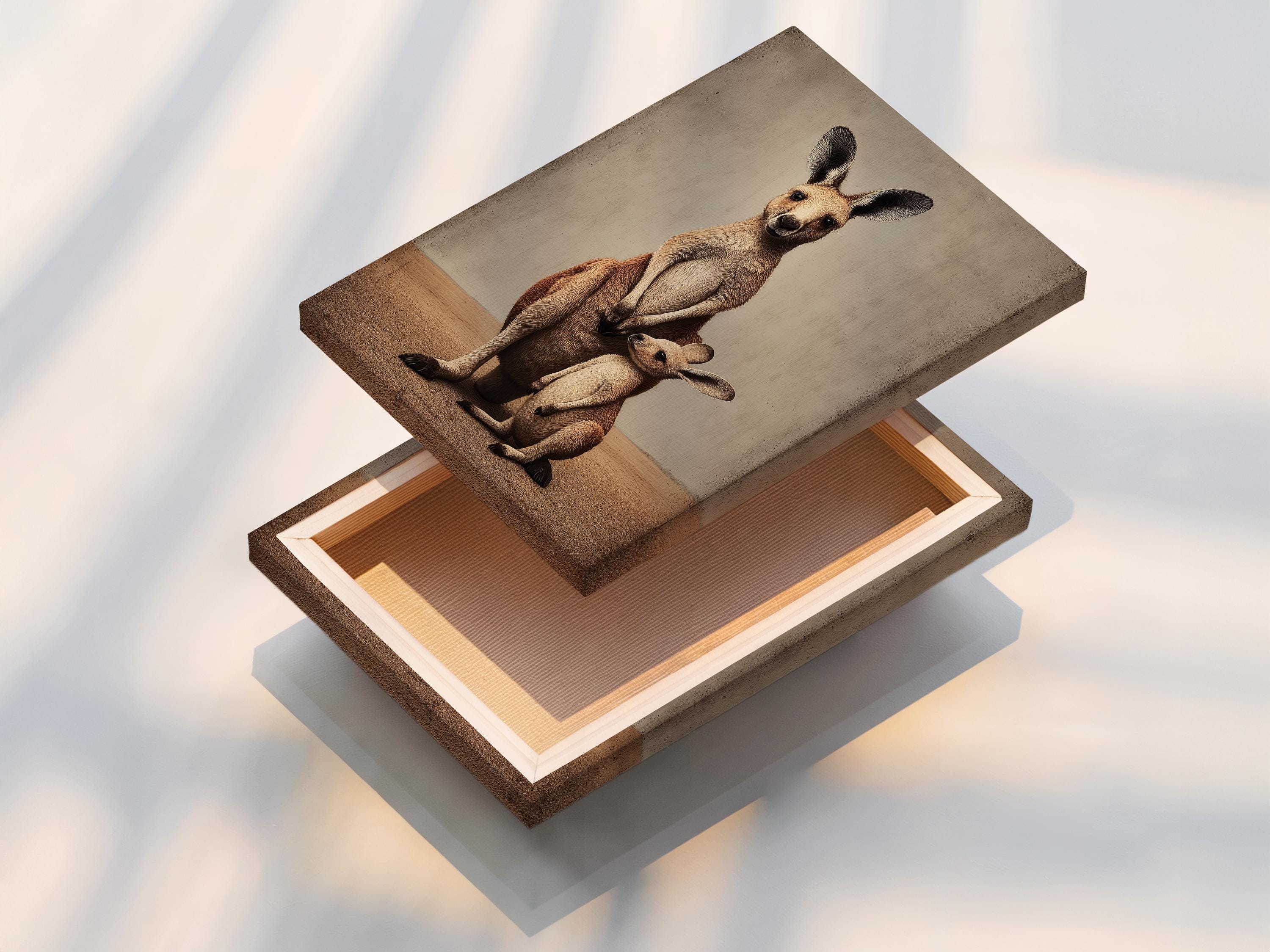 Room mockup showing a framed beige kangaroo mother and joey artwork