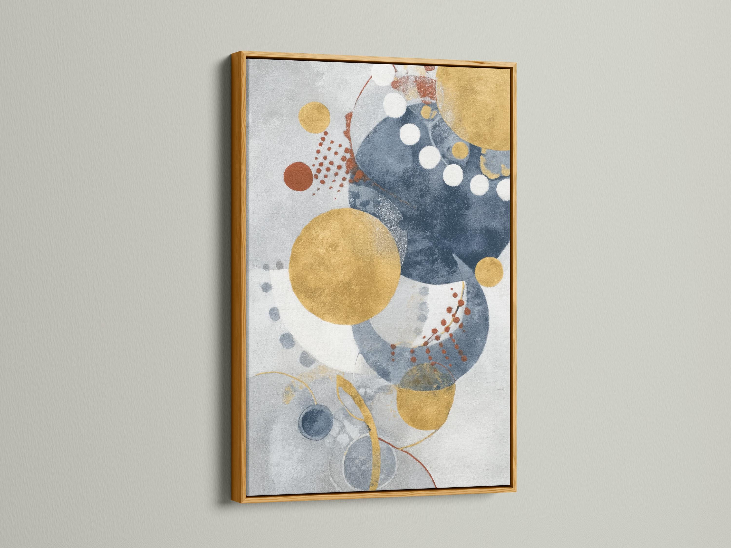 Abstract navy blue and mustard gold circle artwork shown in a framed mockup on a light background
