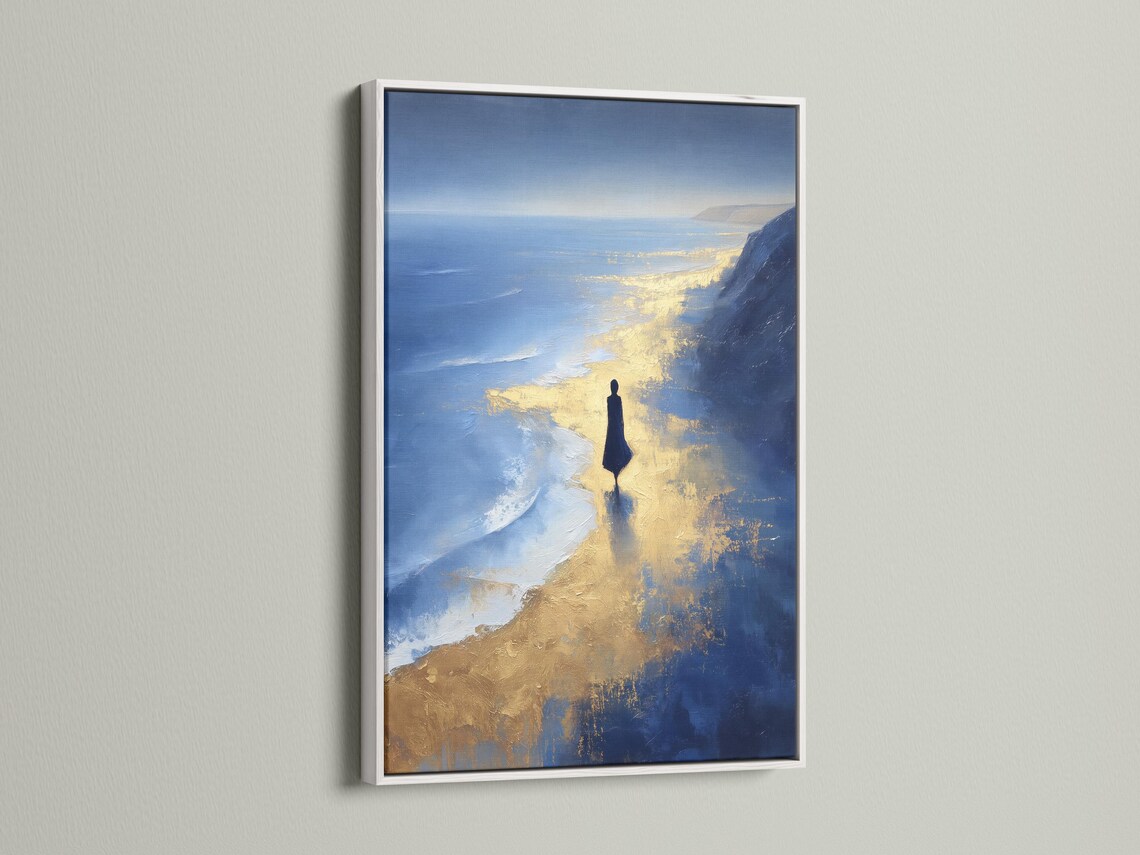 Painterly navy blue seascape with gold reflections and a dark human silhouette near the shoreline detail view