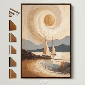 Peut inclure: Peinture à l'huile abstraite d'un paysage marin avec deux voiliers, un soleil doré et un ciel tourbillonnant. L'œuvre est encadrée dans un bois foncé. La palette de couleurs comprend des tons beige, or et gris.