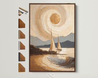 May include: Abstract oil painting of a seascape with two sailboats, a golden sun, and a swirling sky. The artwork is framed in a dark wood. The color palette includes beige, gold, and gray tones.
