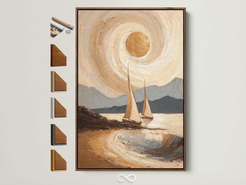 Painterly neutral seascape with a golden sun, swirling clouds, rippling waves and two sailboats