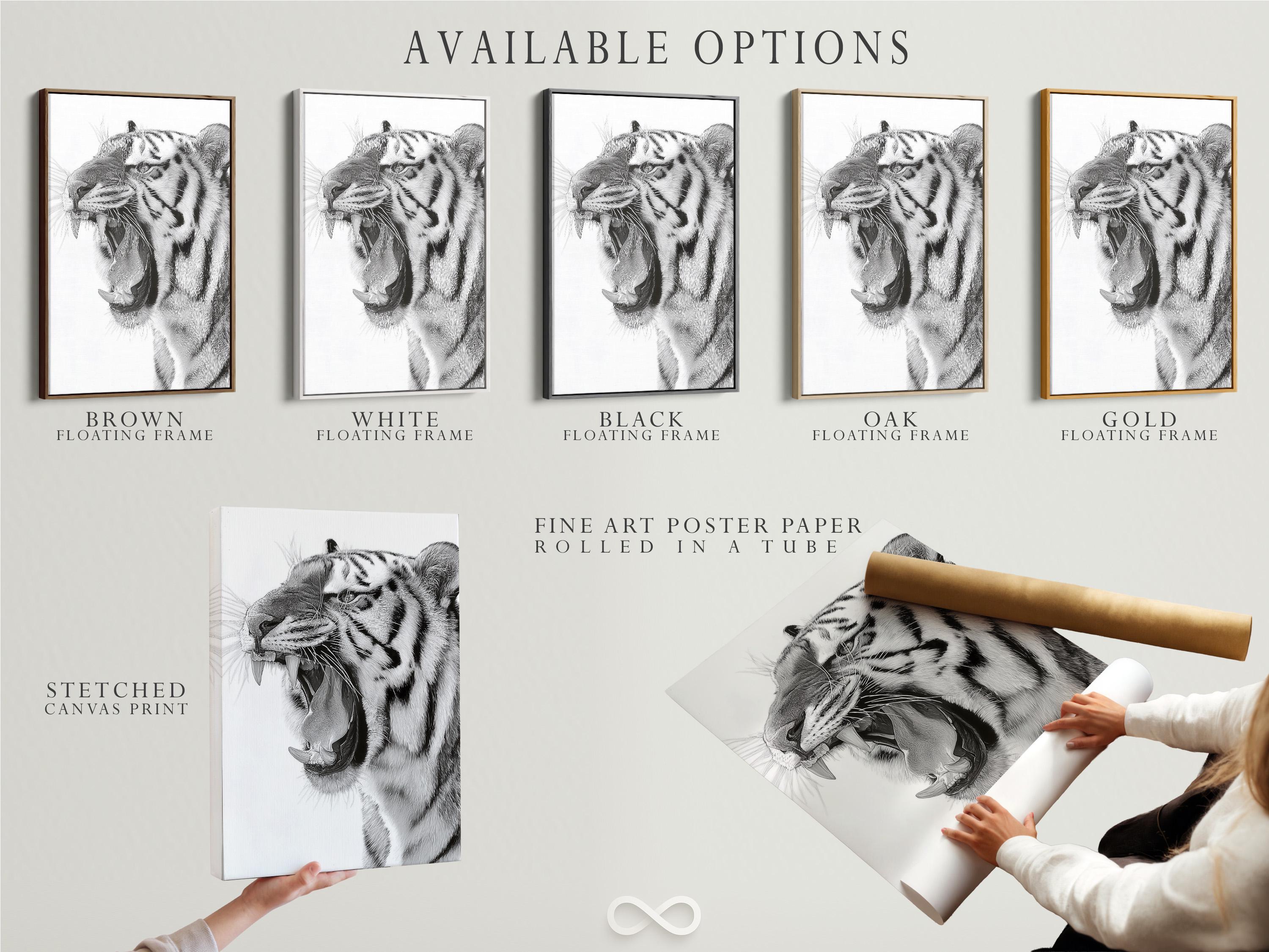 Room mockup showing a framed black and white tiger portrait artwork