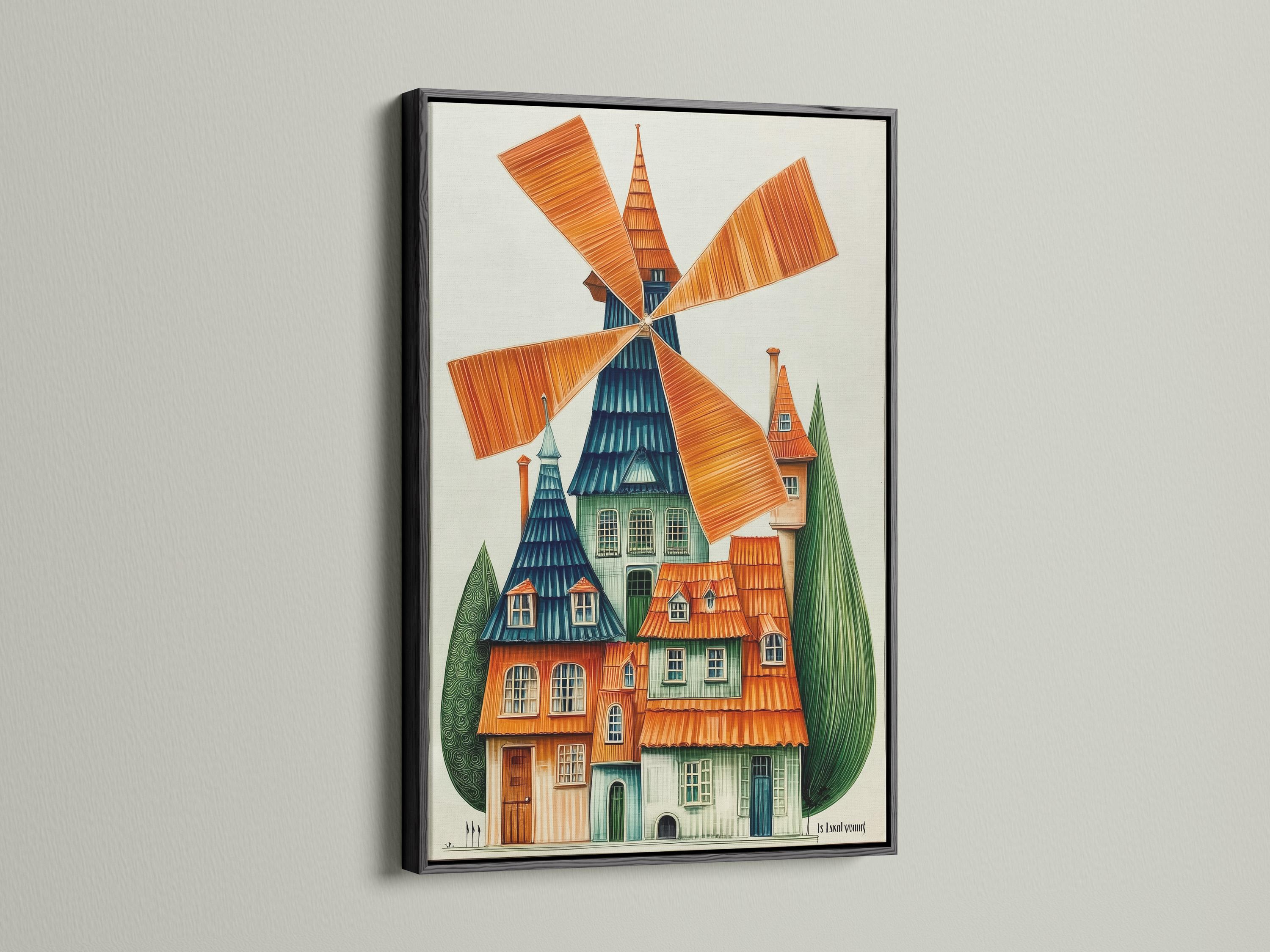 Illustrated windmill scene with orange blades and a blue-green house detail view