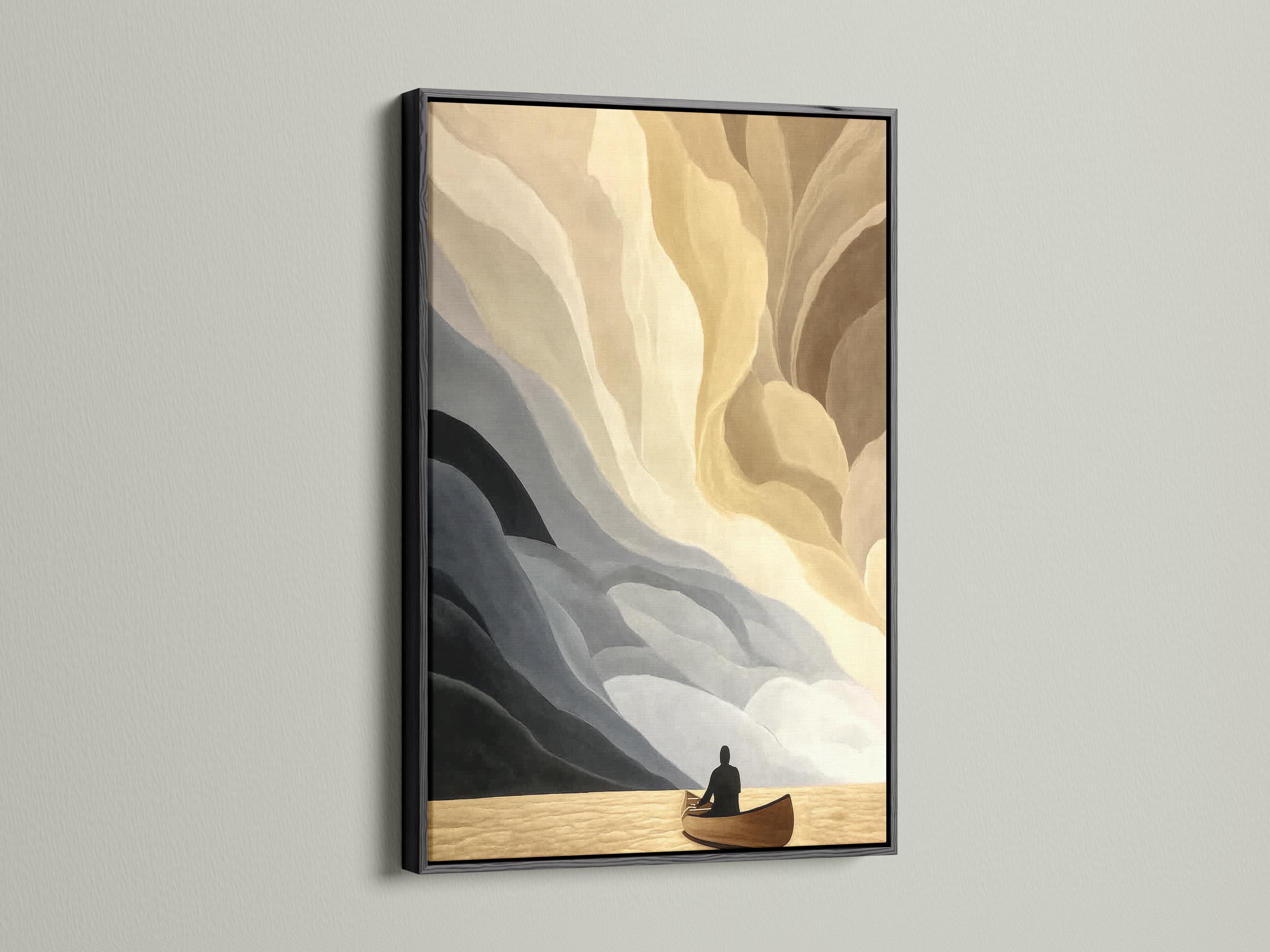 Minimalist beige abstract seascape with layered waves and a small boat silhouette detail view