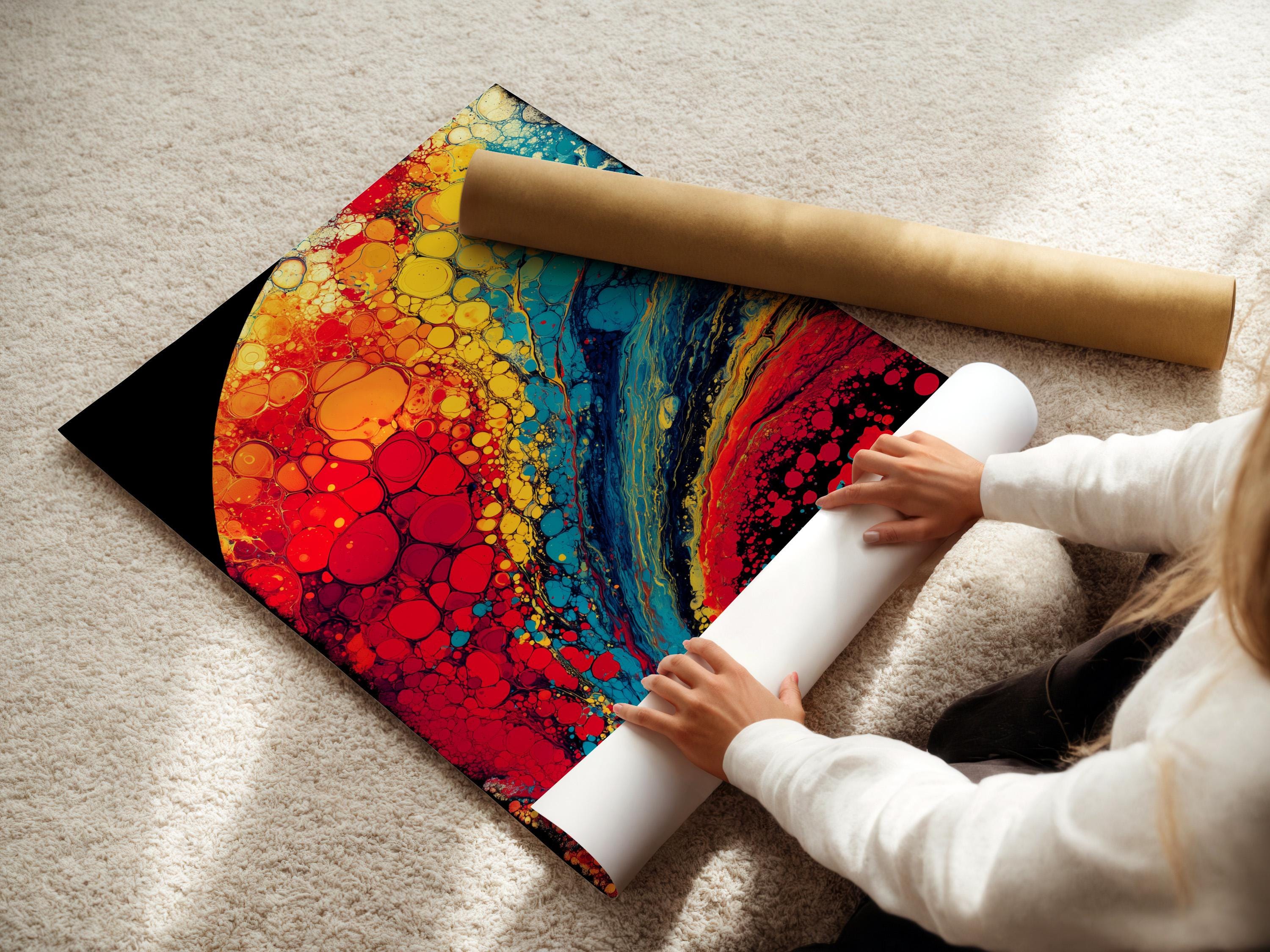 Abstract bubble artwork with red, yellow, aqua teal and dark black curved shapes detail view