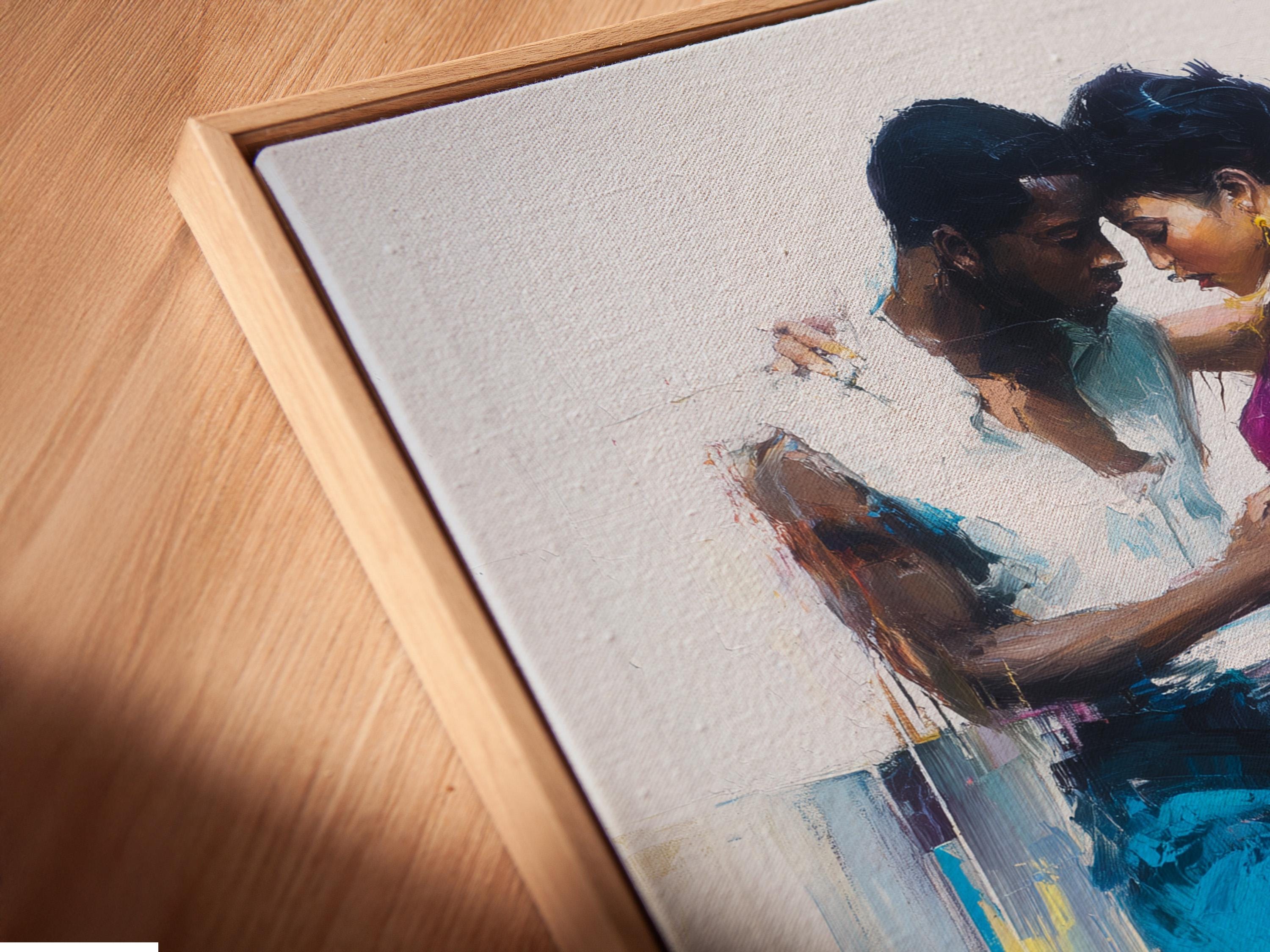 Abstract painterly dancing couple in hot pink and blue tones on a light background detail view