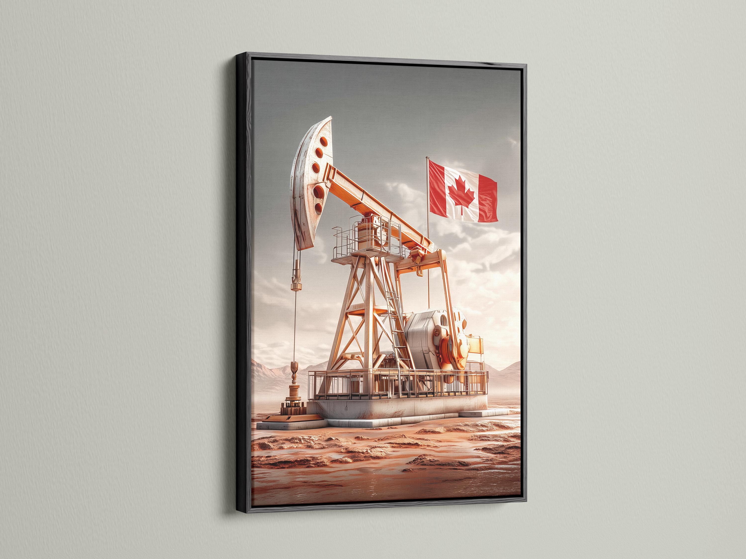 Oil derrick in a desert landscape with a waving red Canada flag detail view