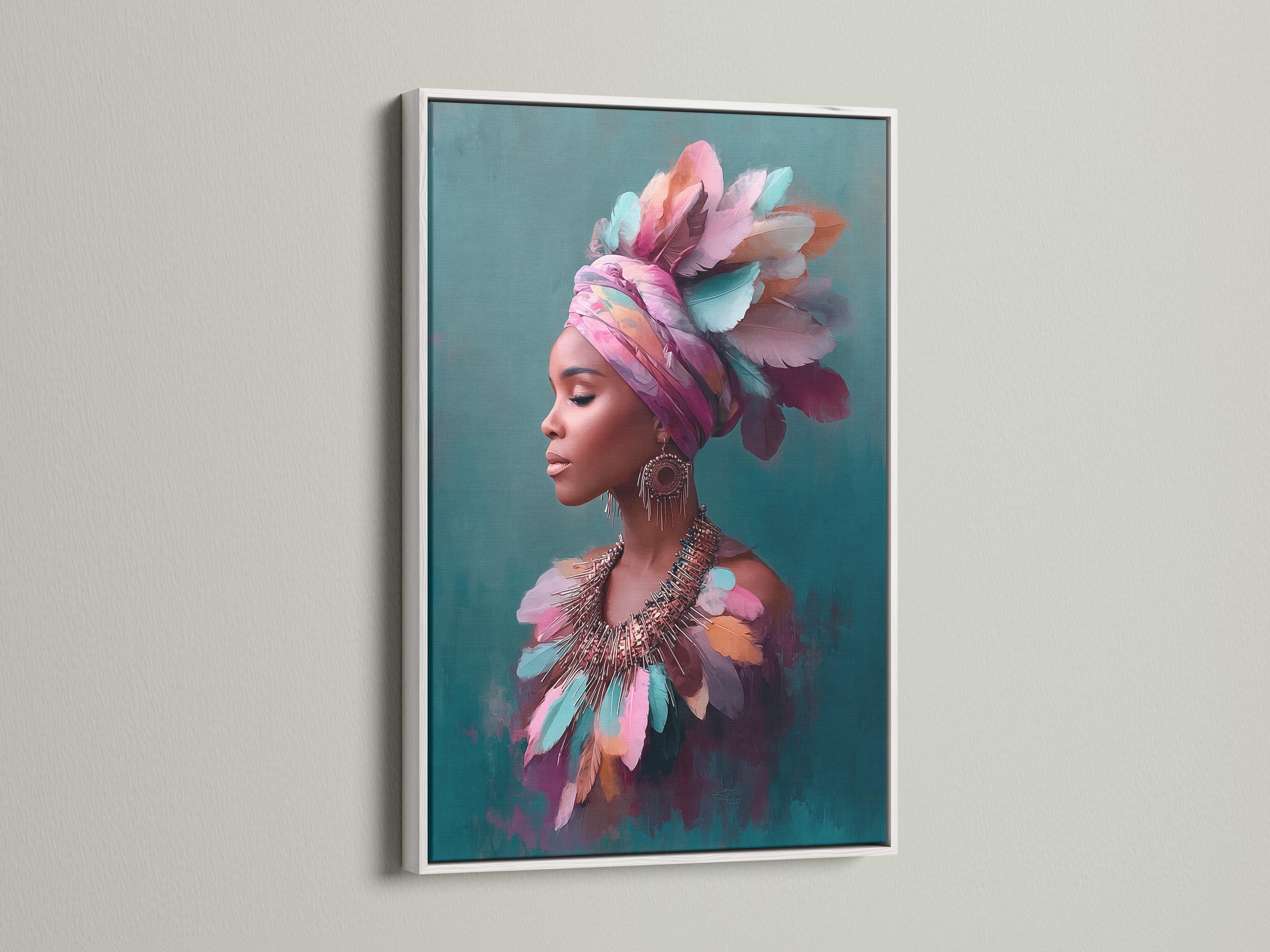 Stylised portrait of a woman in side profile with a layered feather headdress in pink, teal and purple detail view