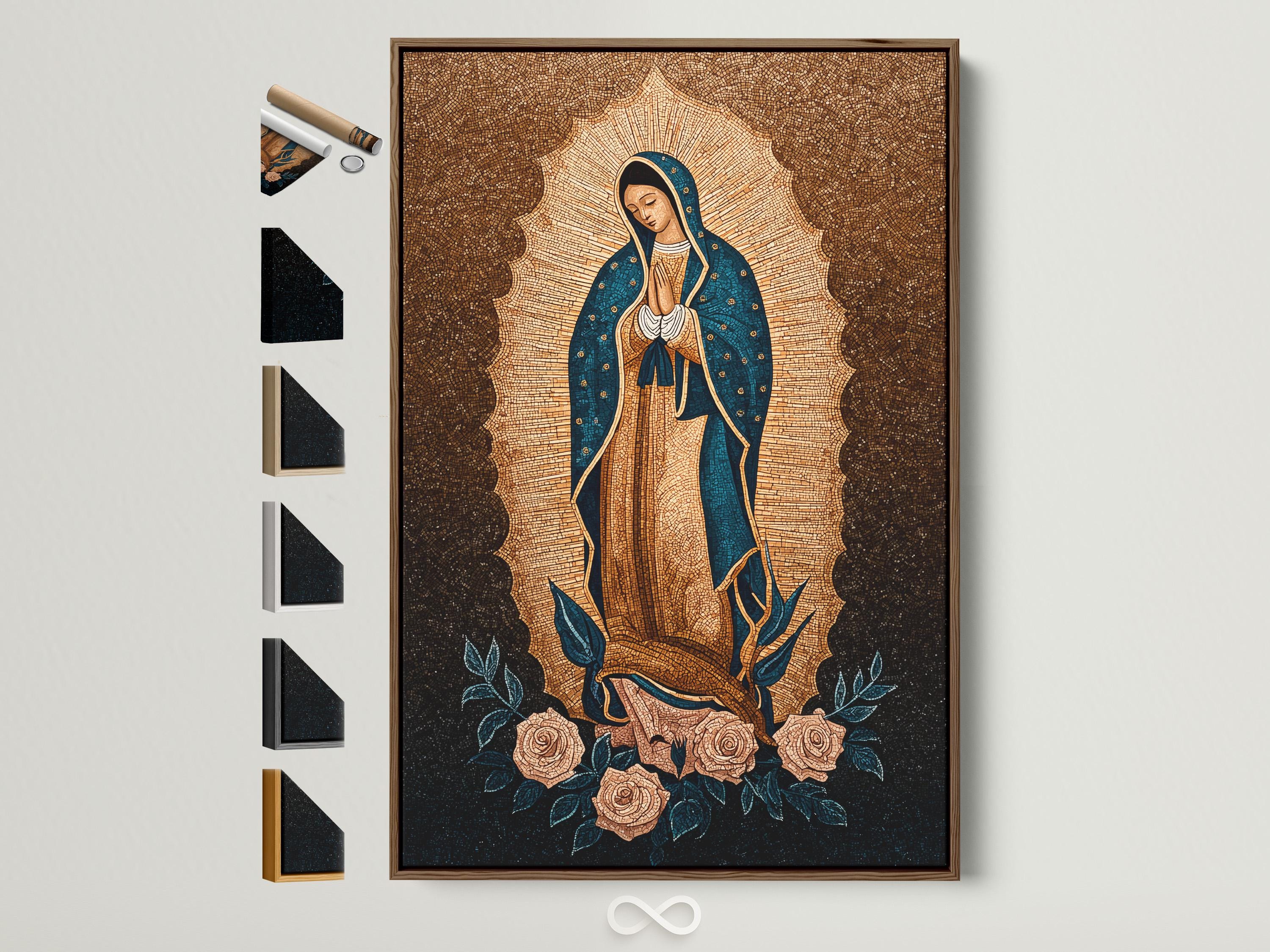 Woman praying beside a framed Virgin Mary portrait on a wall above a table with candles and flowers