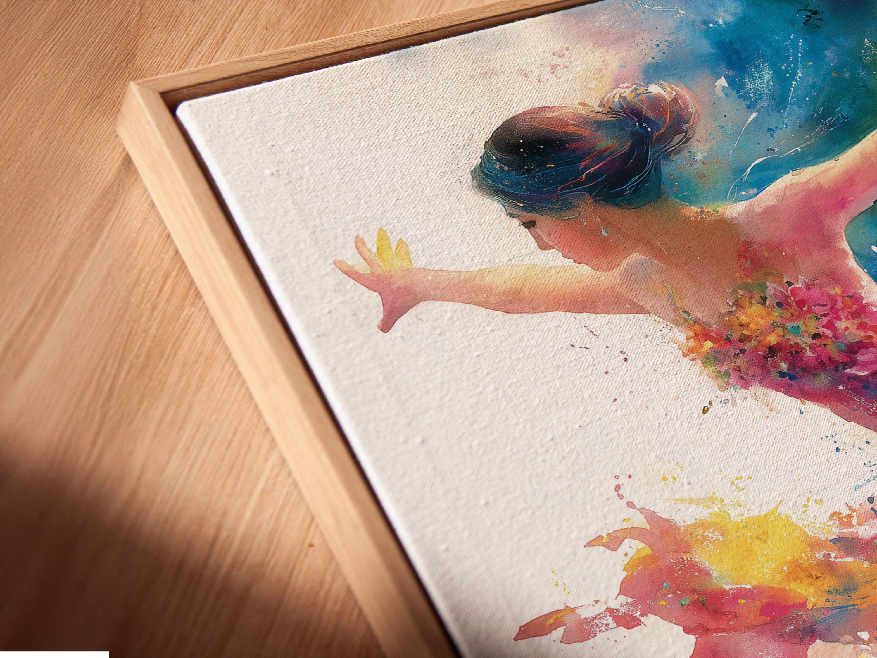 Stylised figure skater dancer with multicolour paint-splash motion over a white background detail view