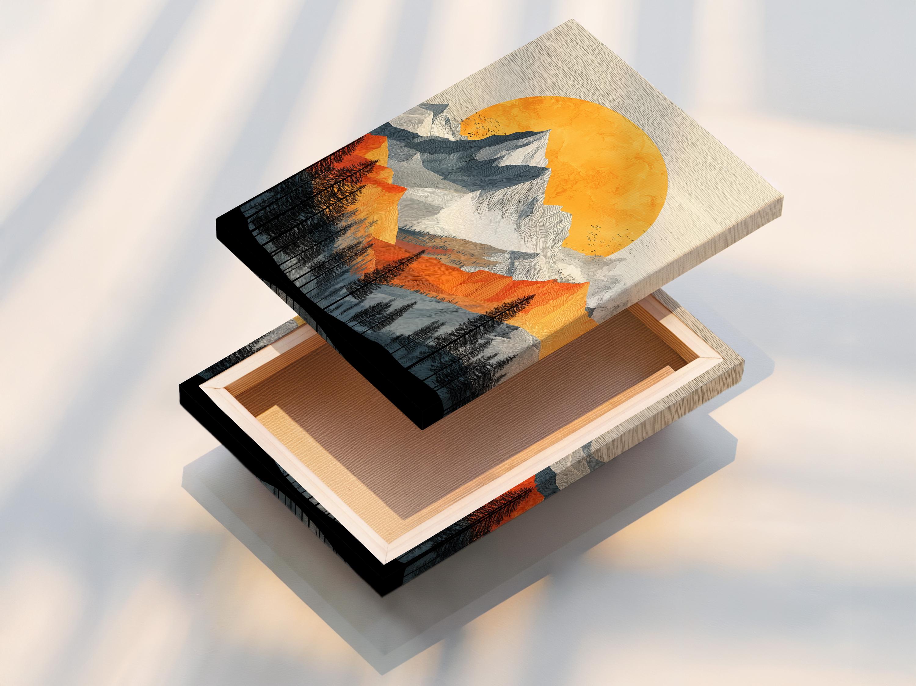 Stylised alpine mountain landscape with a large orange sun and pine tree silhouettes detail view