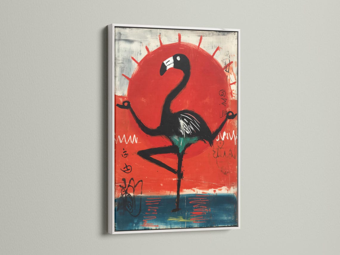 Stylised black flamingo beneath a large red sun over teal-blue and grey abstract marks detail view
