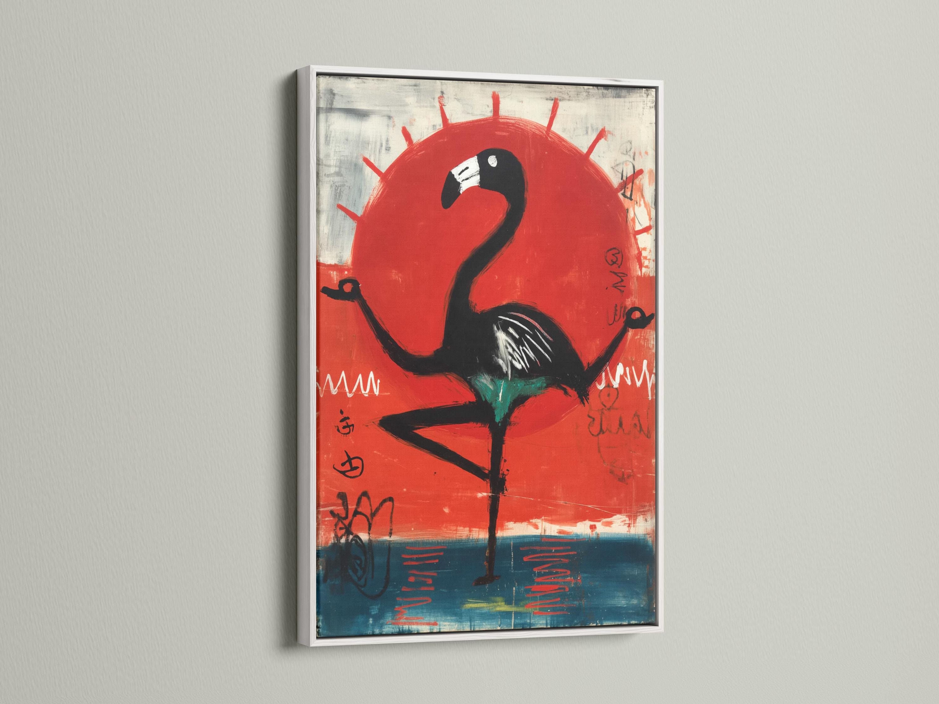 Stylised black flamingo beneath a large red sun over teal-blue and grey abstract marks detail view