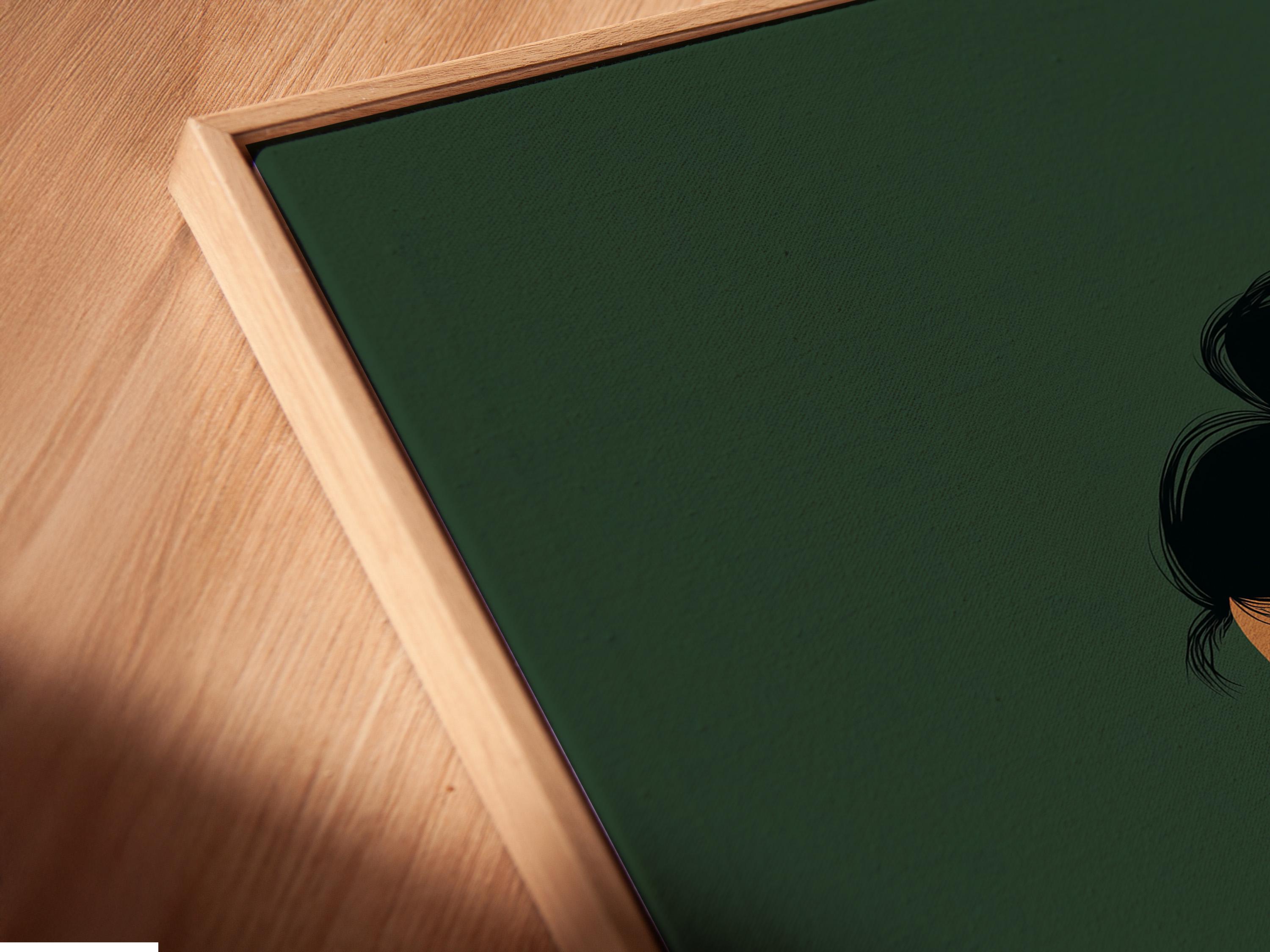 Stylised woman reading an open book with a cup, in muted sage green and cream tones detail view