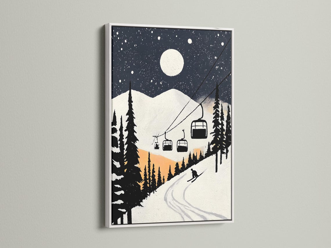 Moonlit snowy ski-lodge artwork mockup with dark pines, falling snow, chairlift cabins and a winding ski track