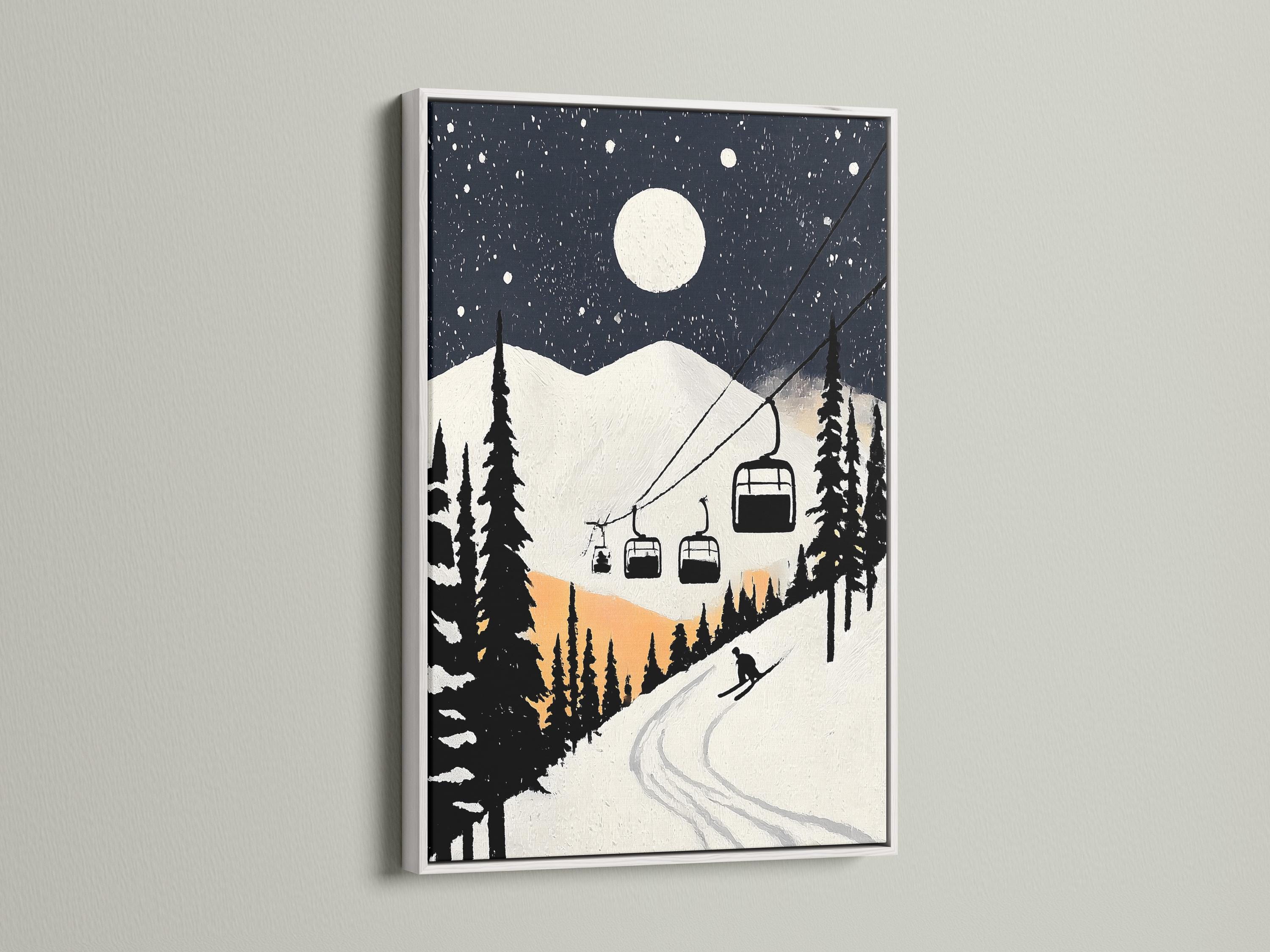 Moonlit snowy ski-lodge artwork mockup with dark pines, falling snow, chairlift cabins and a winding ski track