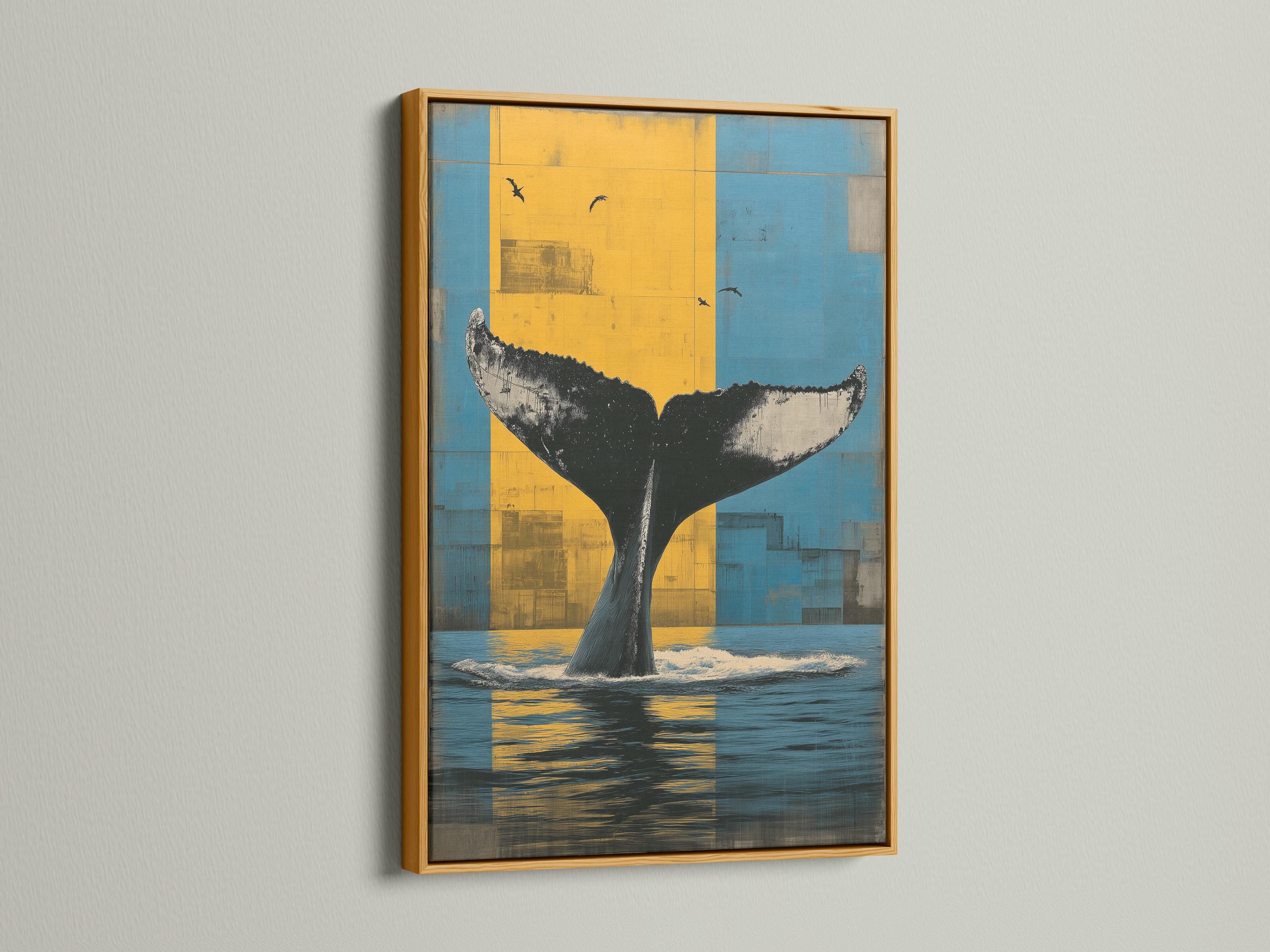 Room mockup showing framed whale tail ocean artwork above a sofa by windows