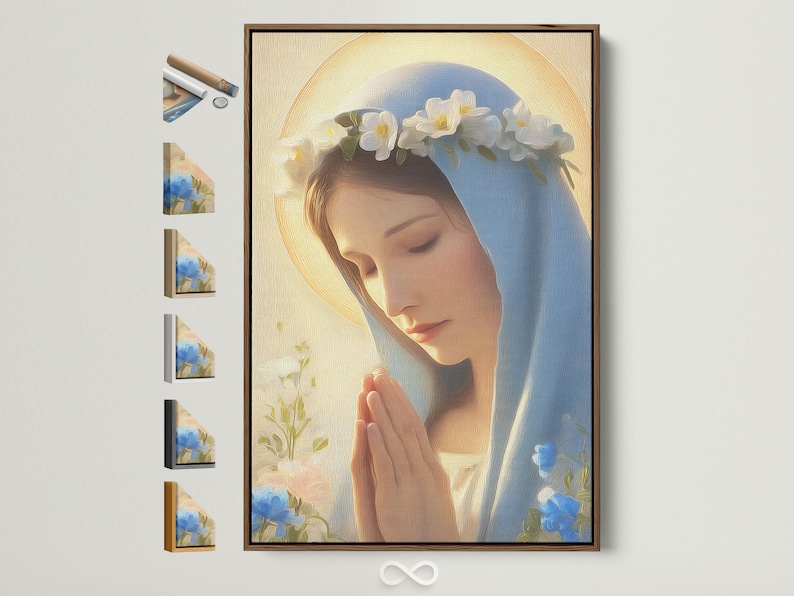 Religious portrait of a bowed robed woman with a blue veil, golden halo glow, and surrounding clouds