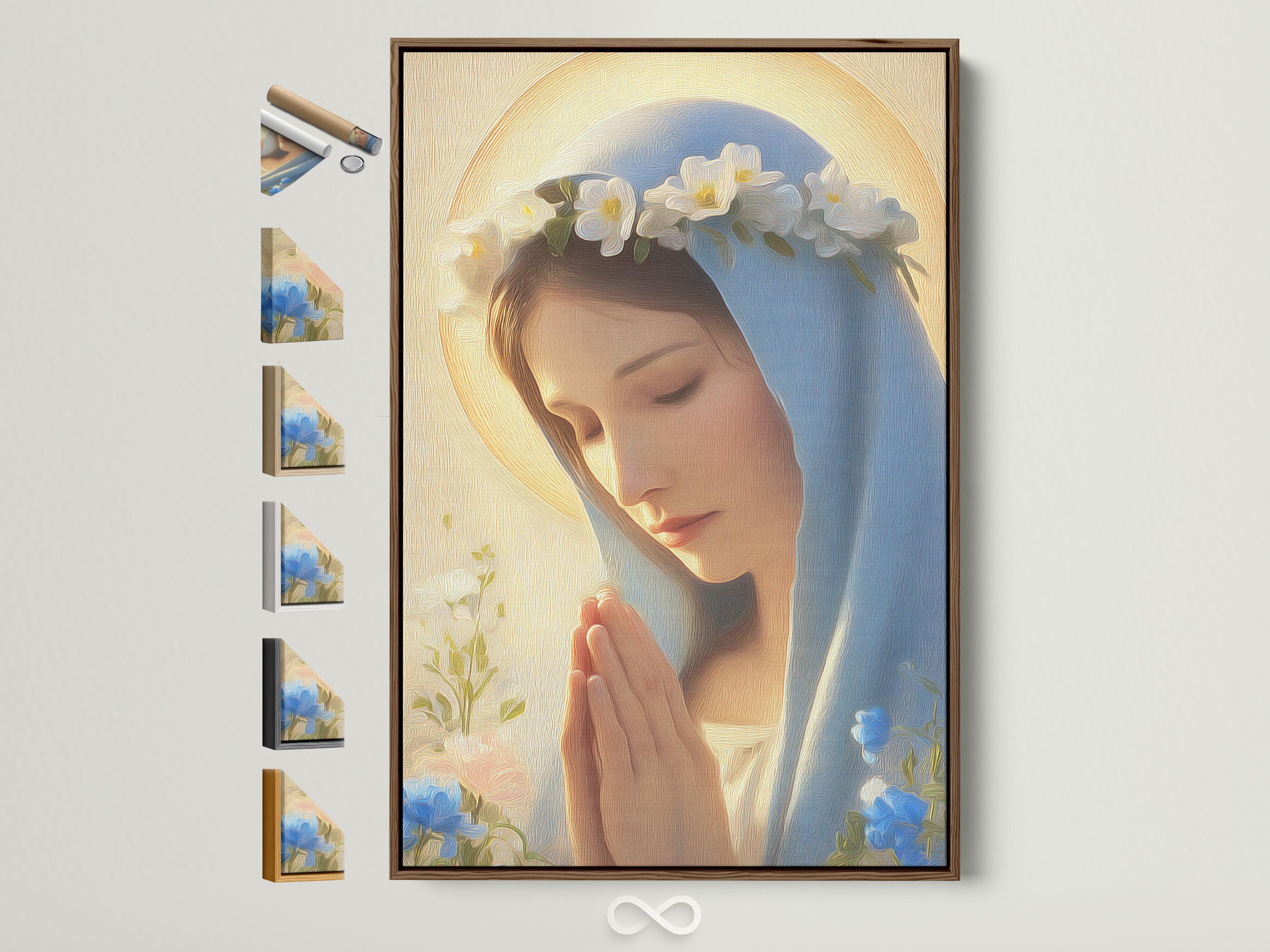 Religious portrait of a bowed robed woman with a blue veil, golden halo glow, and surrounding clouds