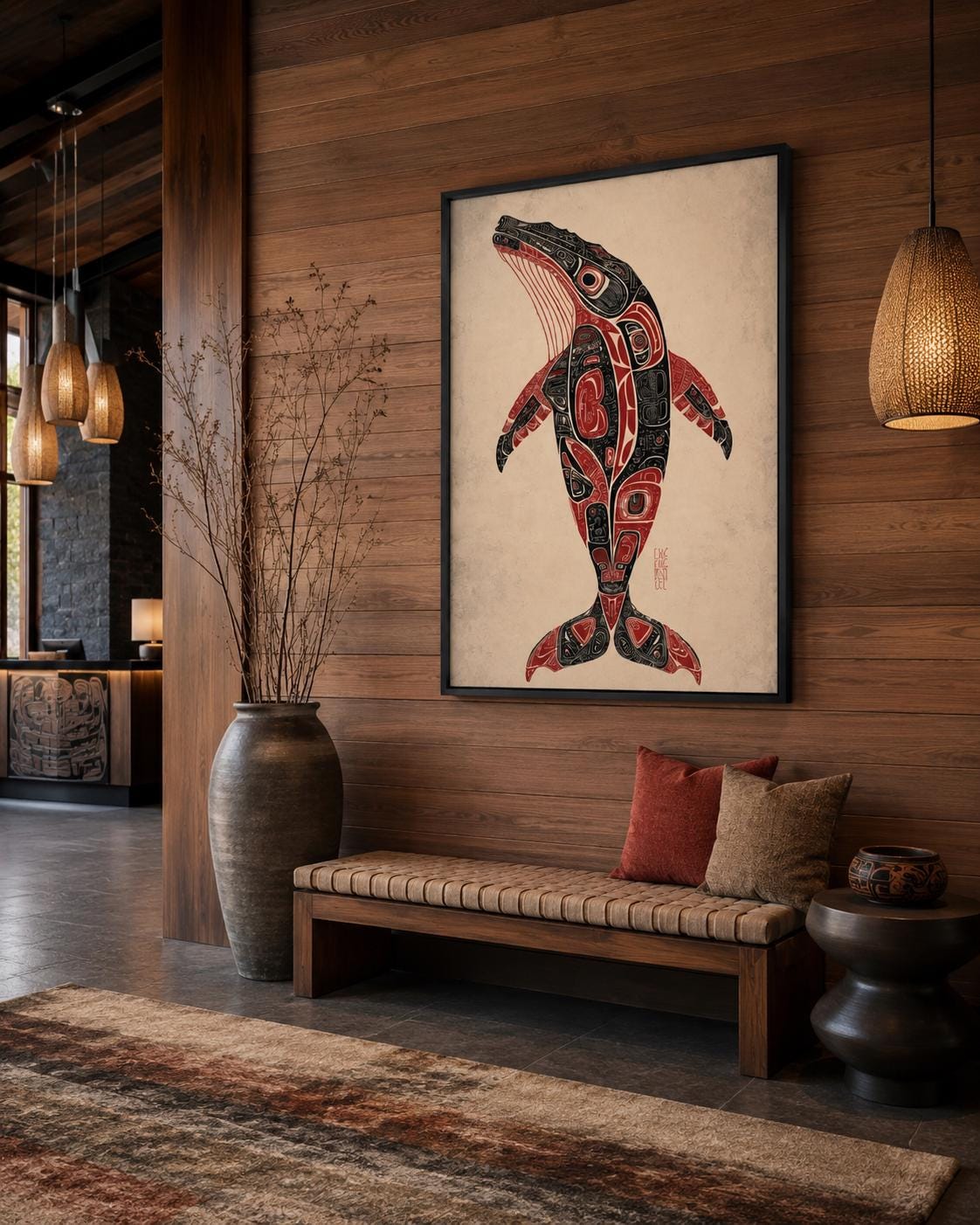 Man holding a mug beside a framed whale artwork in a rustic cabin setting