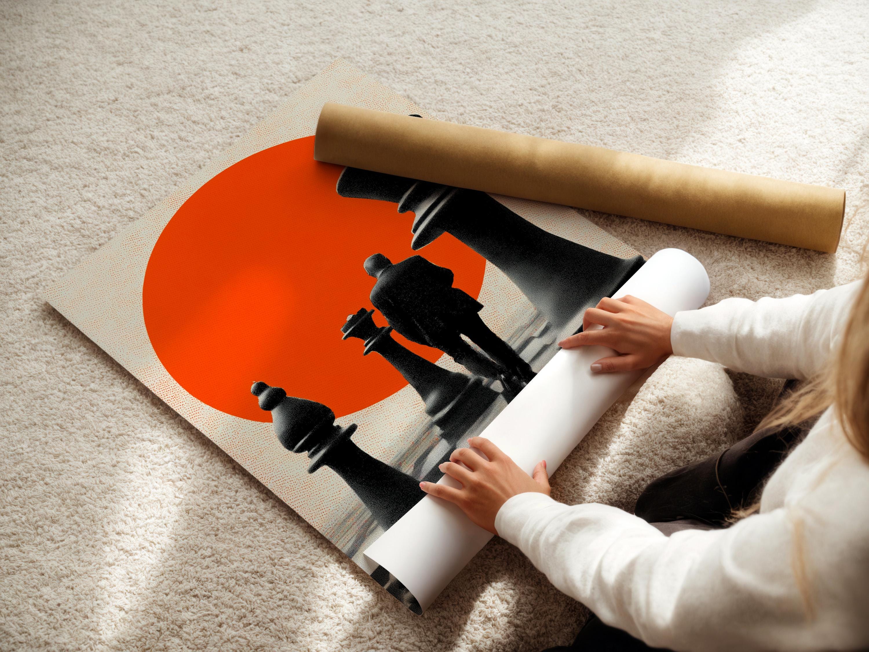 Chess canvas wall art in a frame, showing black pieces on a checkered floor with an orange circle backdrop