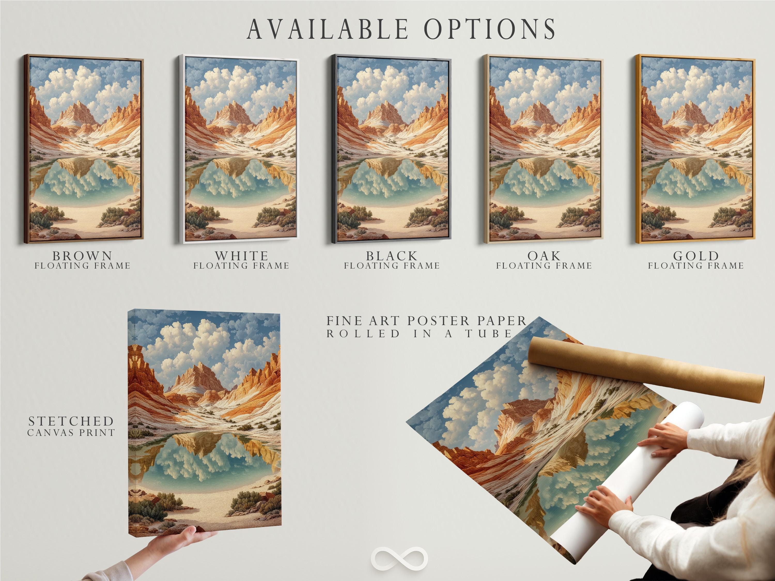 Terracotta desert canyon landscape with reflective water and cream clouds in a light blue sky detail view