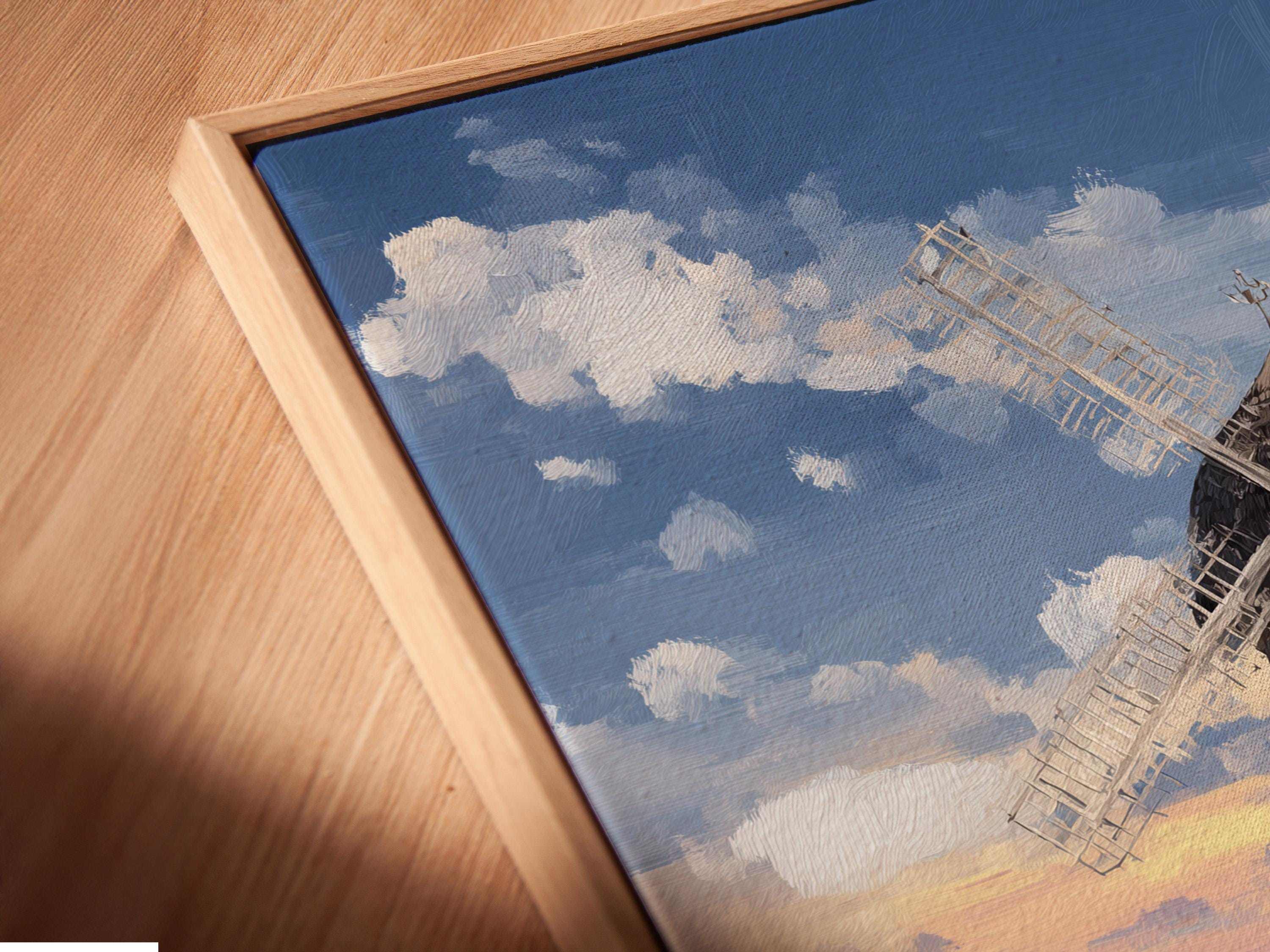 Painterly windmill landscape with hay bales, farmhouse, blue sea and cloudy sky detail view