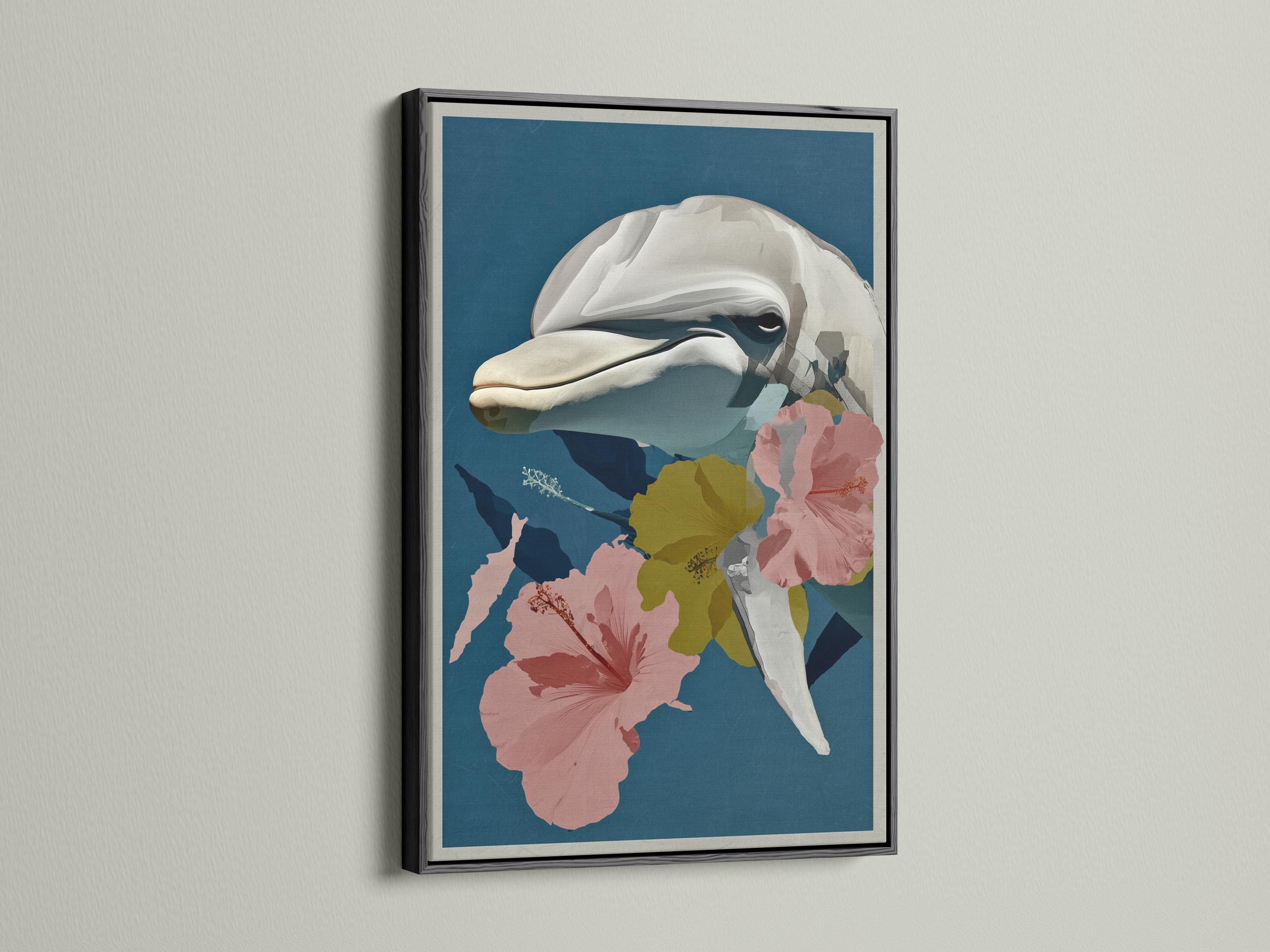 Dolphin in profile surrounded by large pink hibiscus flowers on a teal-blue background detail view
