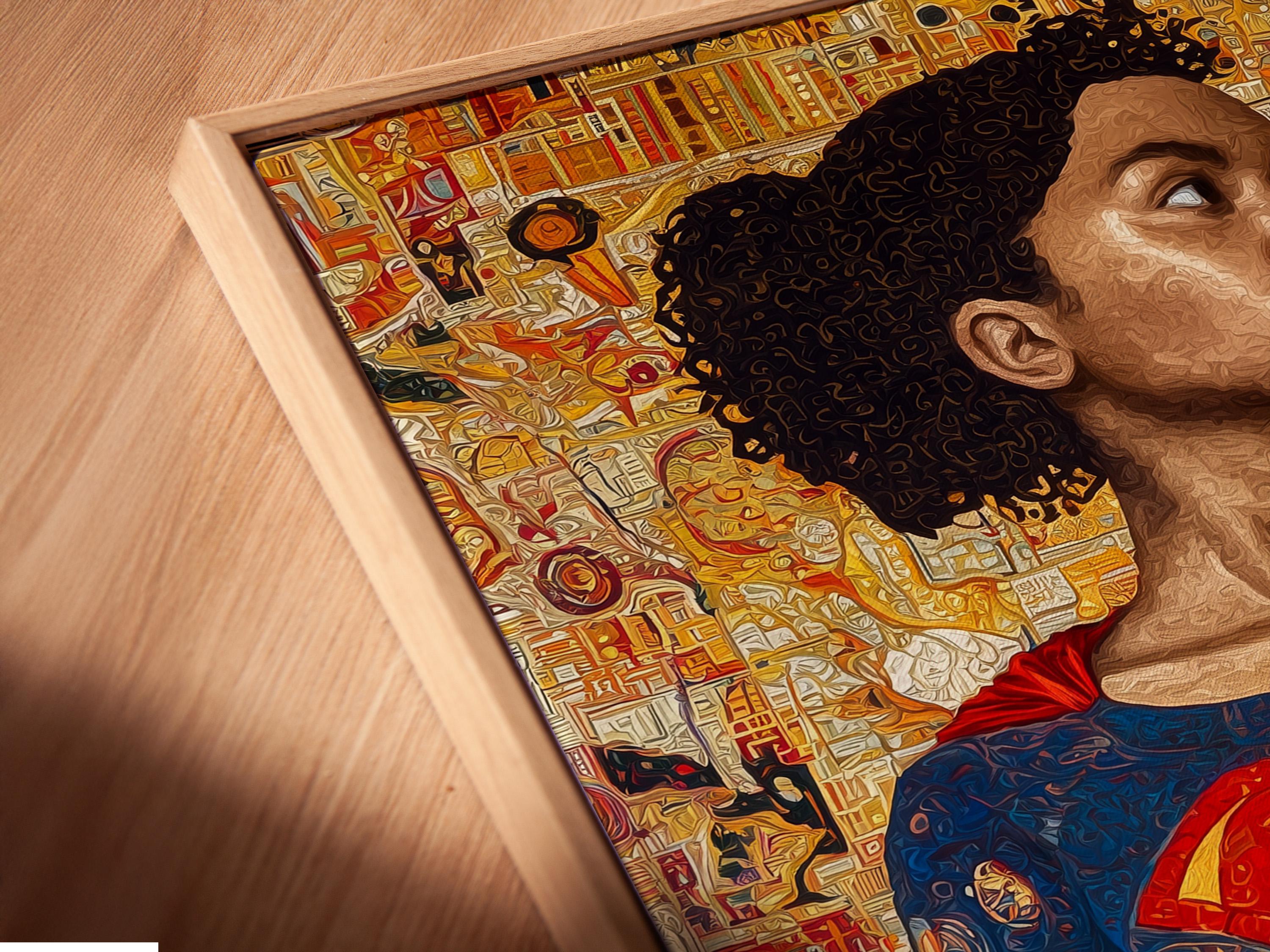 Room mockup showing a framed artwork of a superhero woman portrait on a wall