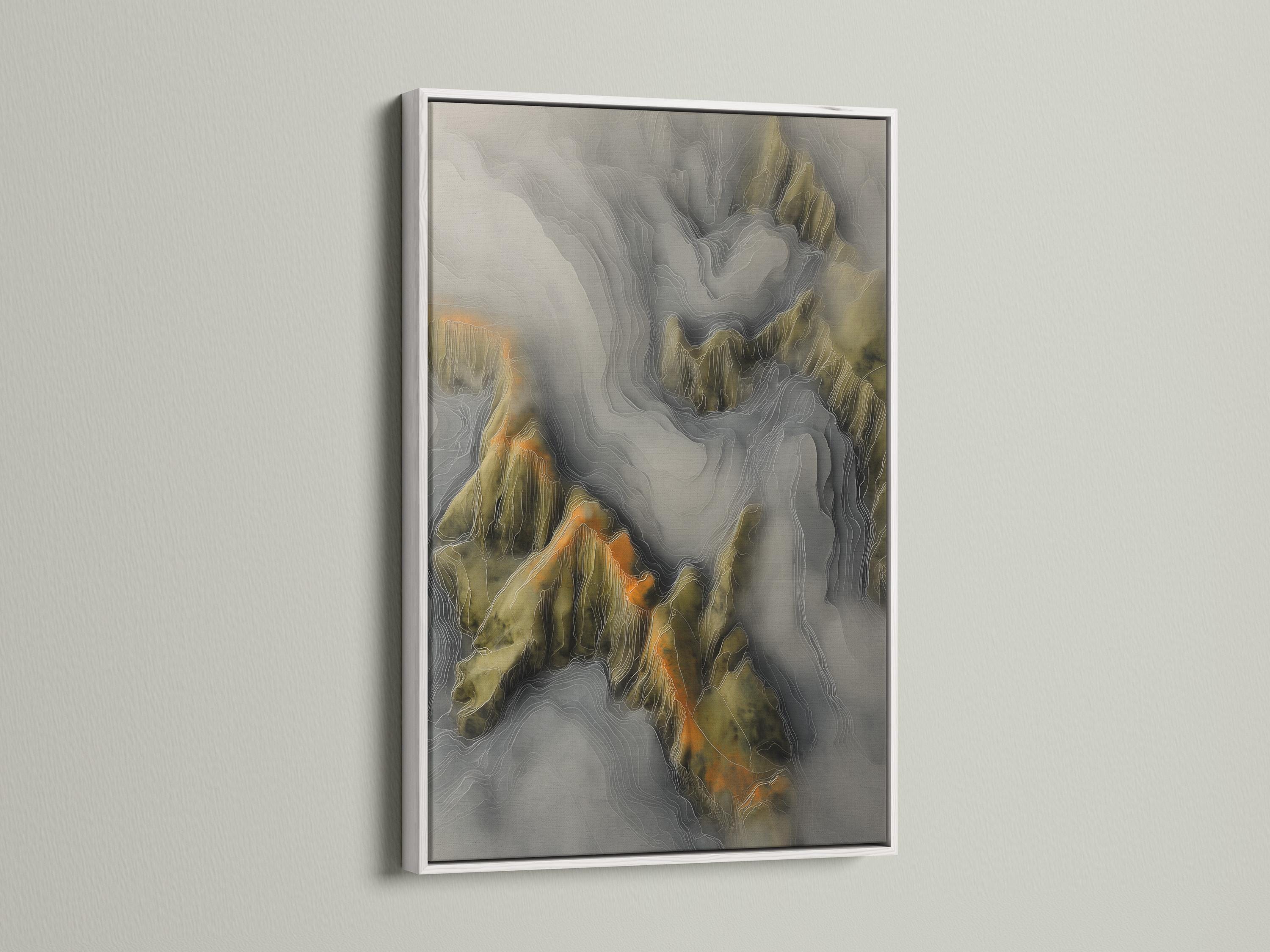 Portrait framed abstract mountainscape artwork in grey and olive green with warm amber accents