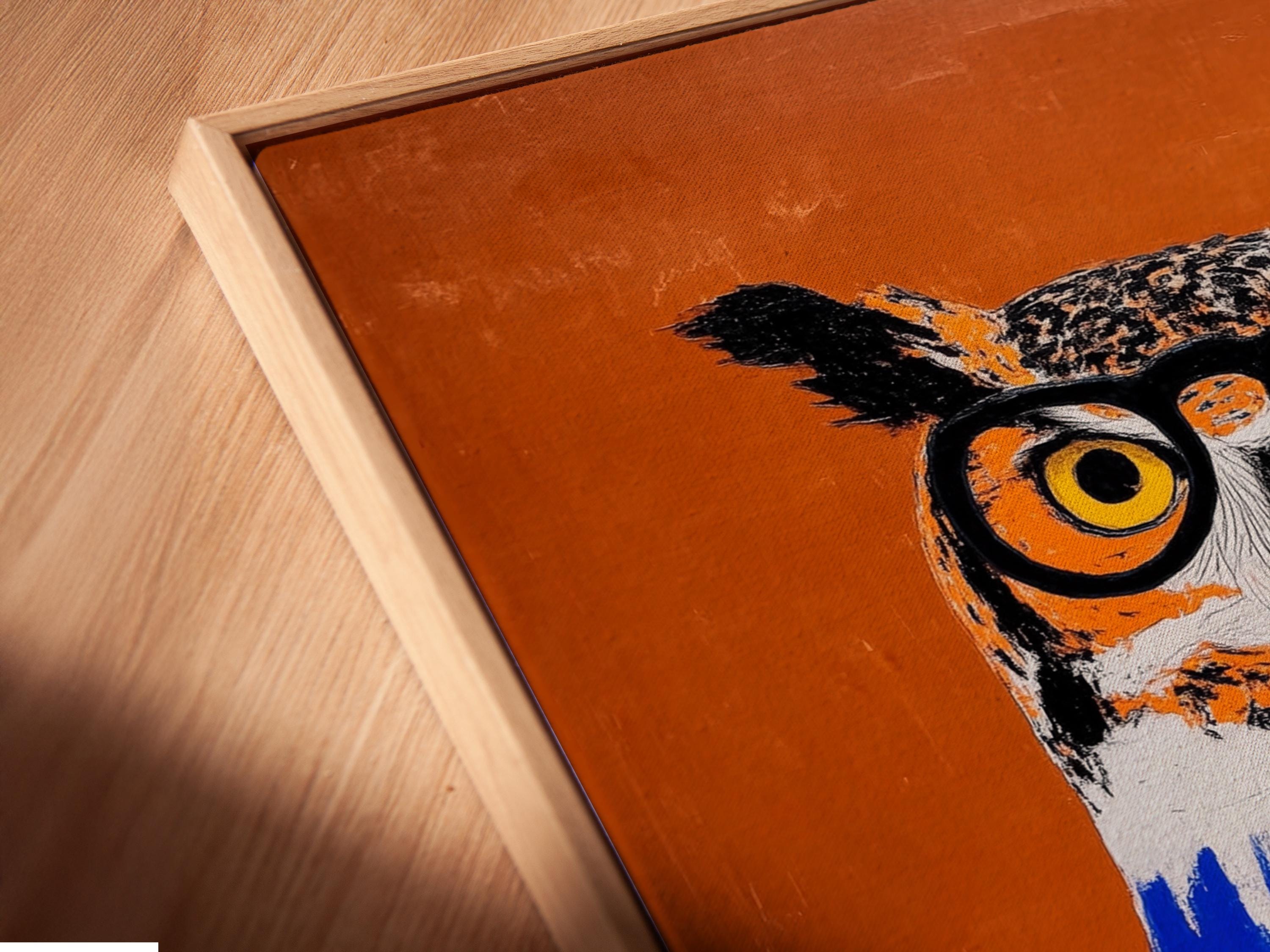 Stylised owl wearing large round glasses, holding colourful books on a warm orange background detail view