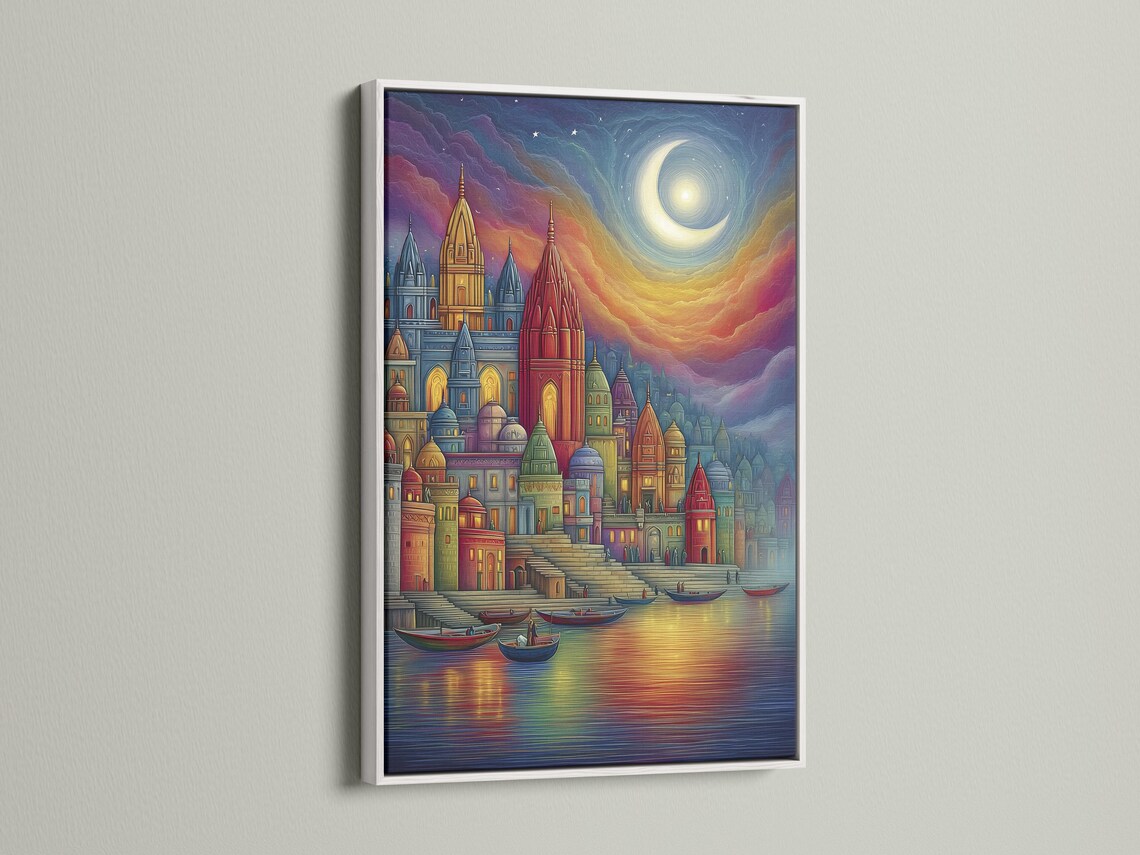 Moonlit colourful city skyline with domed buildings and boats on reflective water detail view