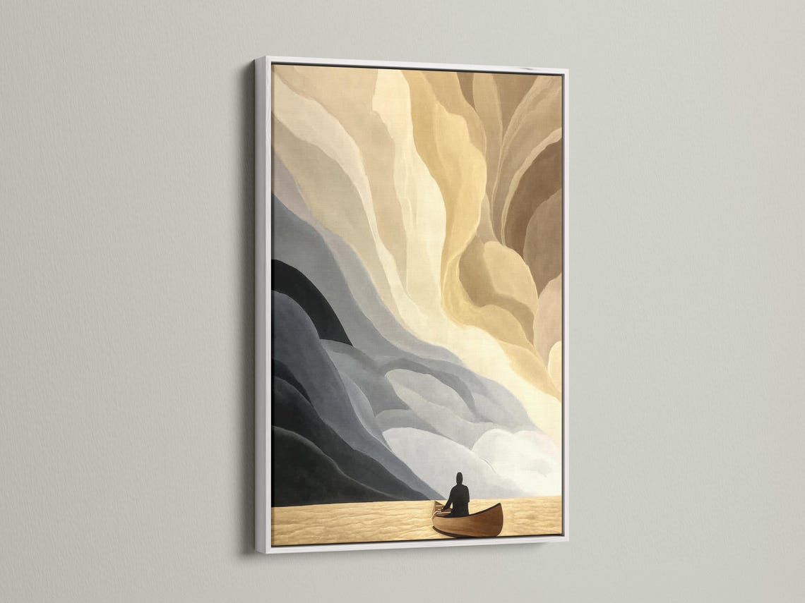 Minimalist beige abstract seascape with layered waves and a small boat silhouette detail view
