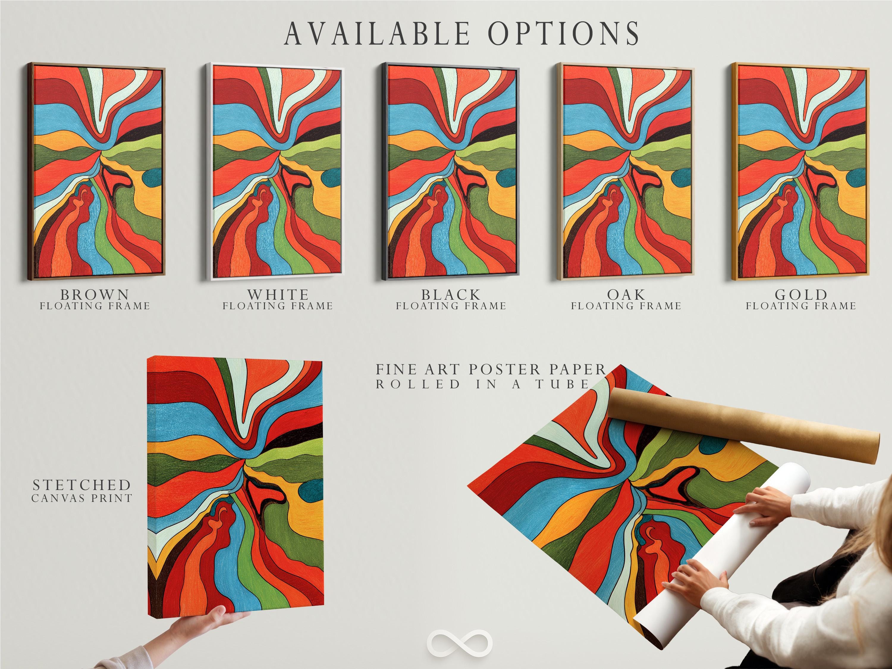 Room mockup featuring a framed abstract wave artwork in red, blue, green and orange