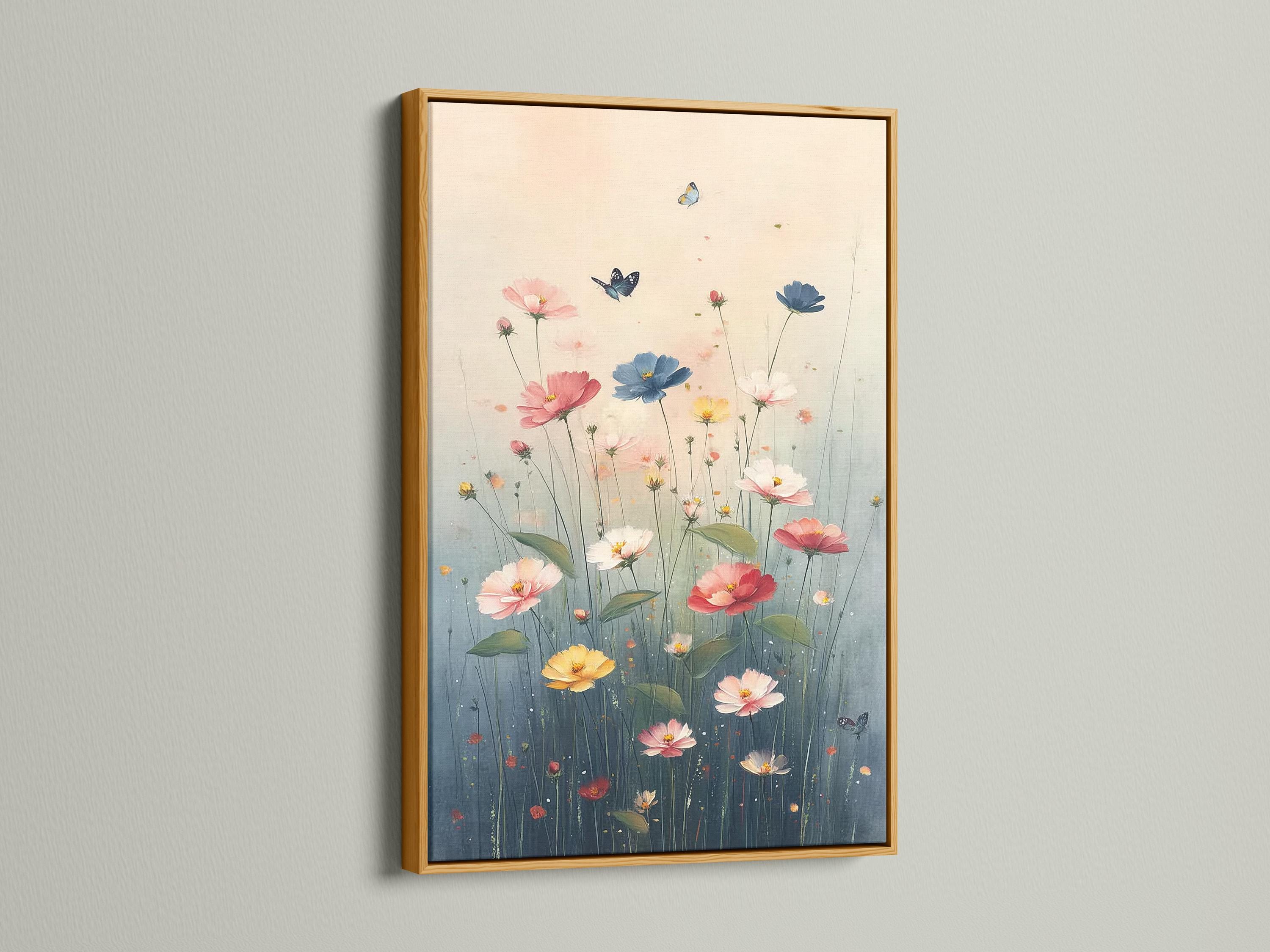 Pastel meadow flowers with butterflies floating above blue-green stems detail view