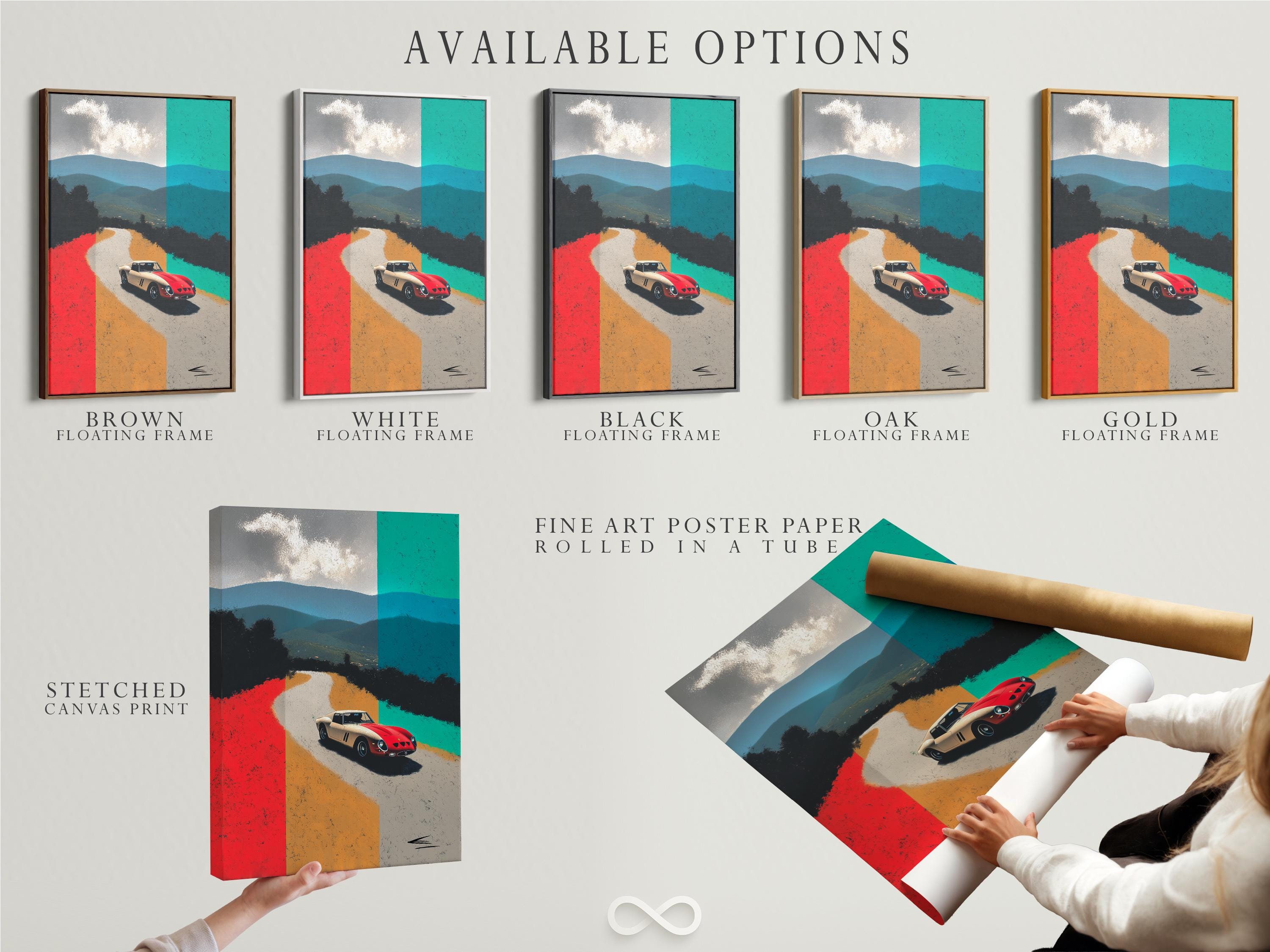 Classic sports car on a pale road with red and teal geometric background blocks detail view