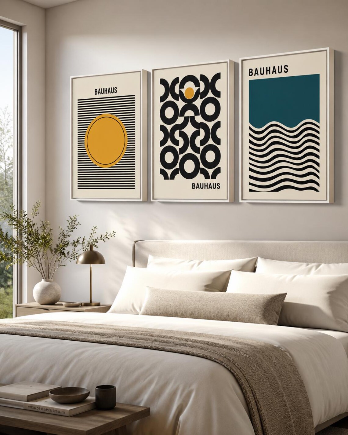 Three-panel geometric Bauhaus-style artwork with black stripes, circles and wavy teal lines detail view