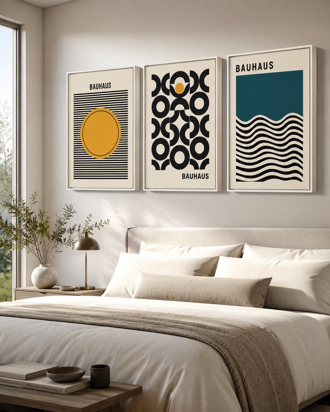 Three-panel geometric Bauhaus-style artwork with black stripes, circles and wavy teal lines detail view