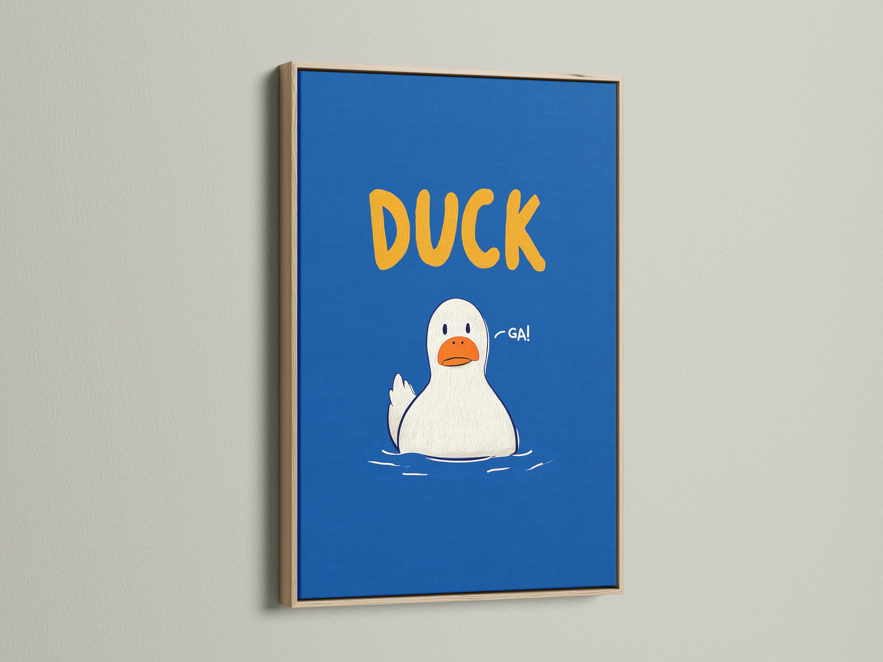 Room mockup showing blue framed duck artwork with orange “DUCK” text