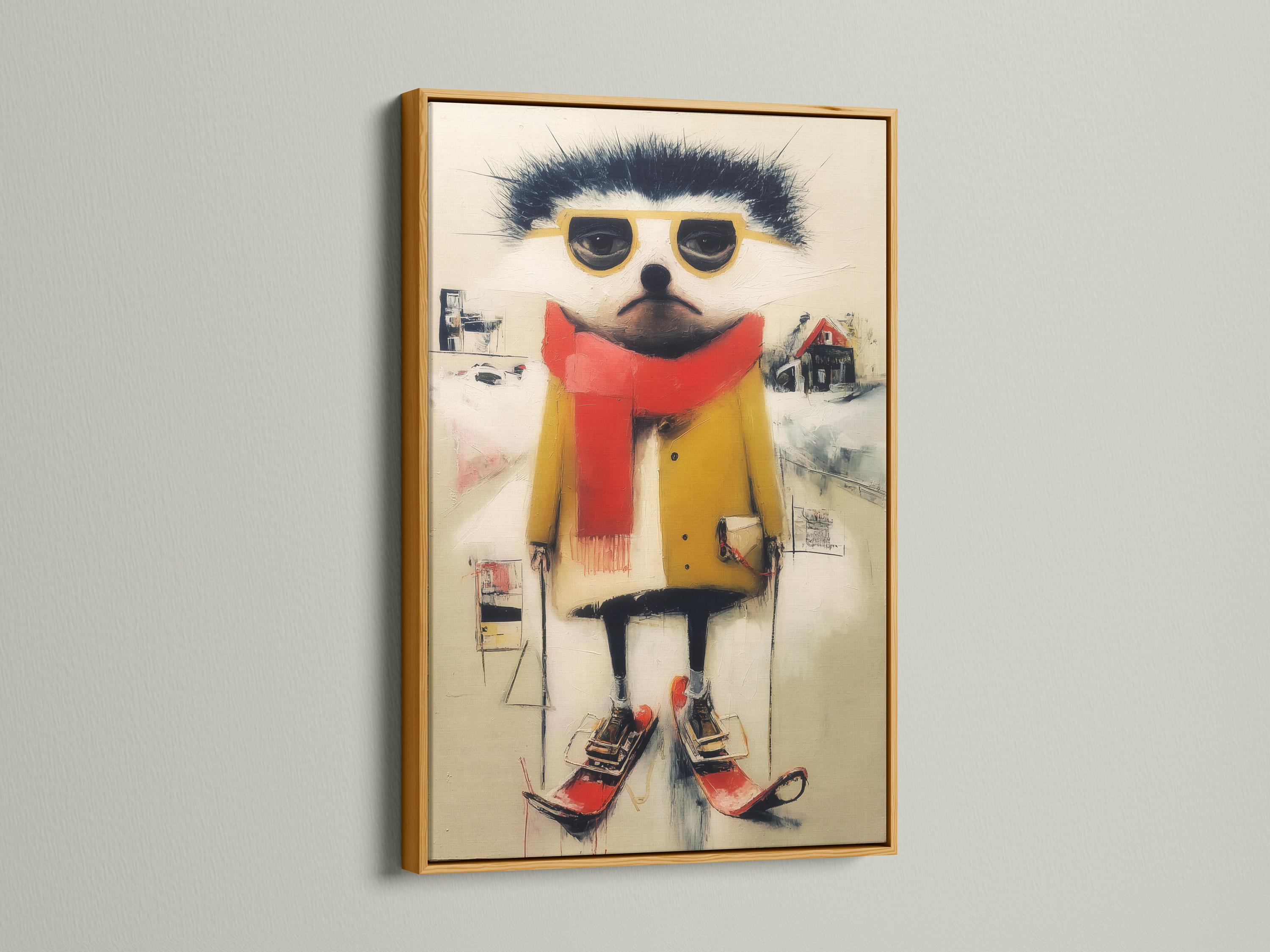 Stylised winter ski animal with dark fur, oversized yellow glasses, red scarf and red boots detail view