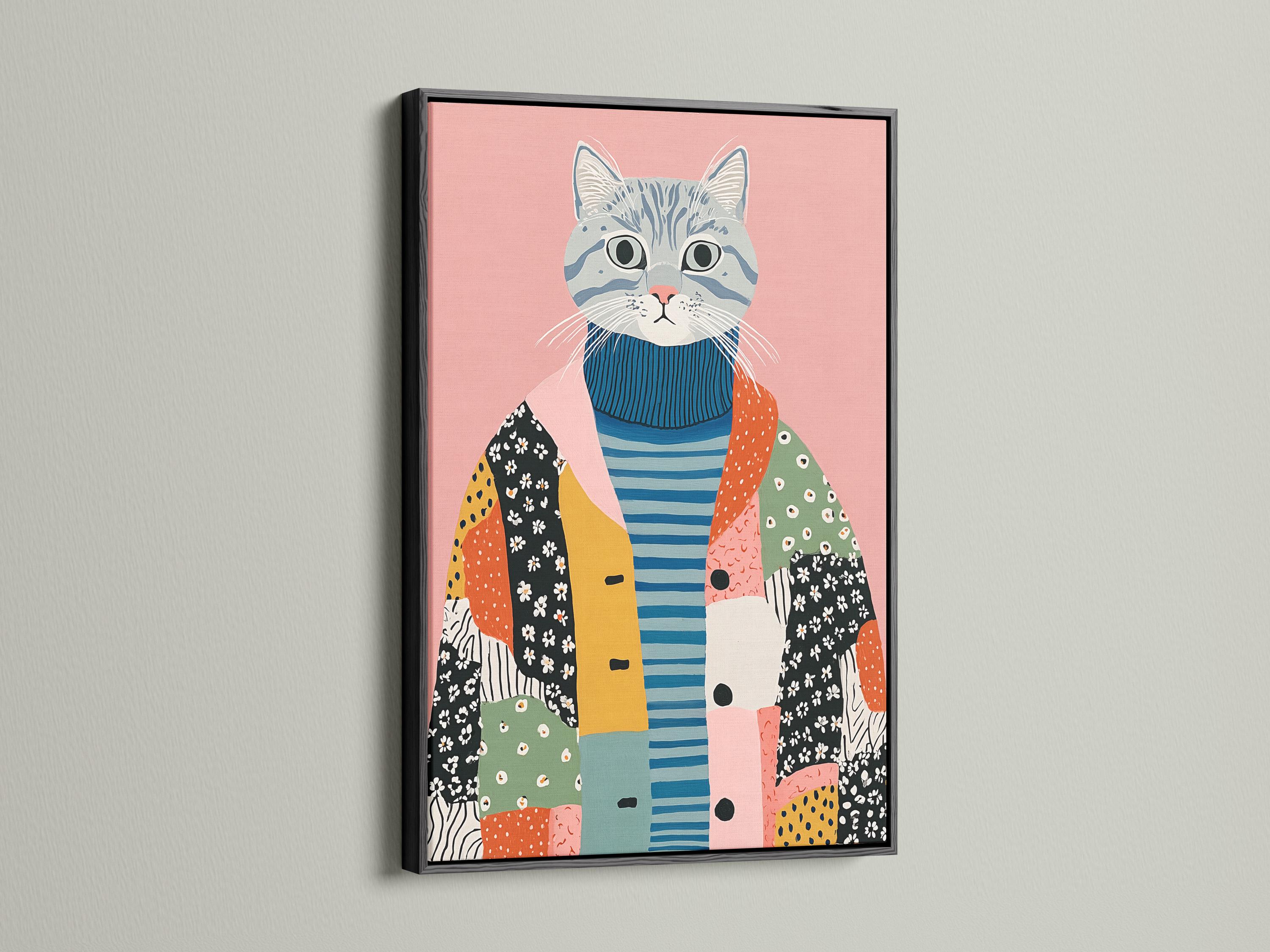 A pink background cat portrait wearing a blue striped sweater with patchwork shapes below detail view
