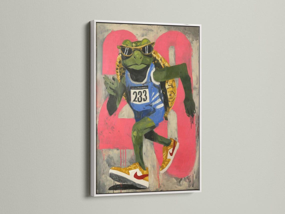 Hot pink graffiti-style runner turtle wearing black sunglasses and a “233” race bib detail view