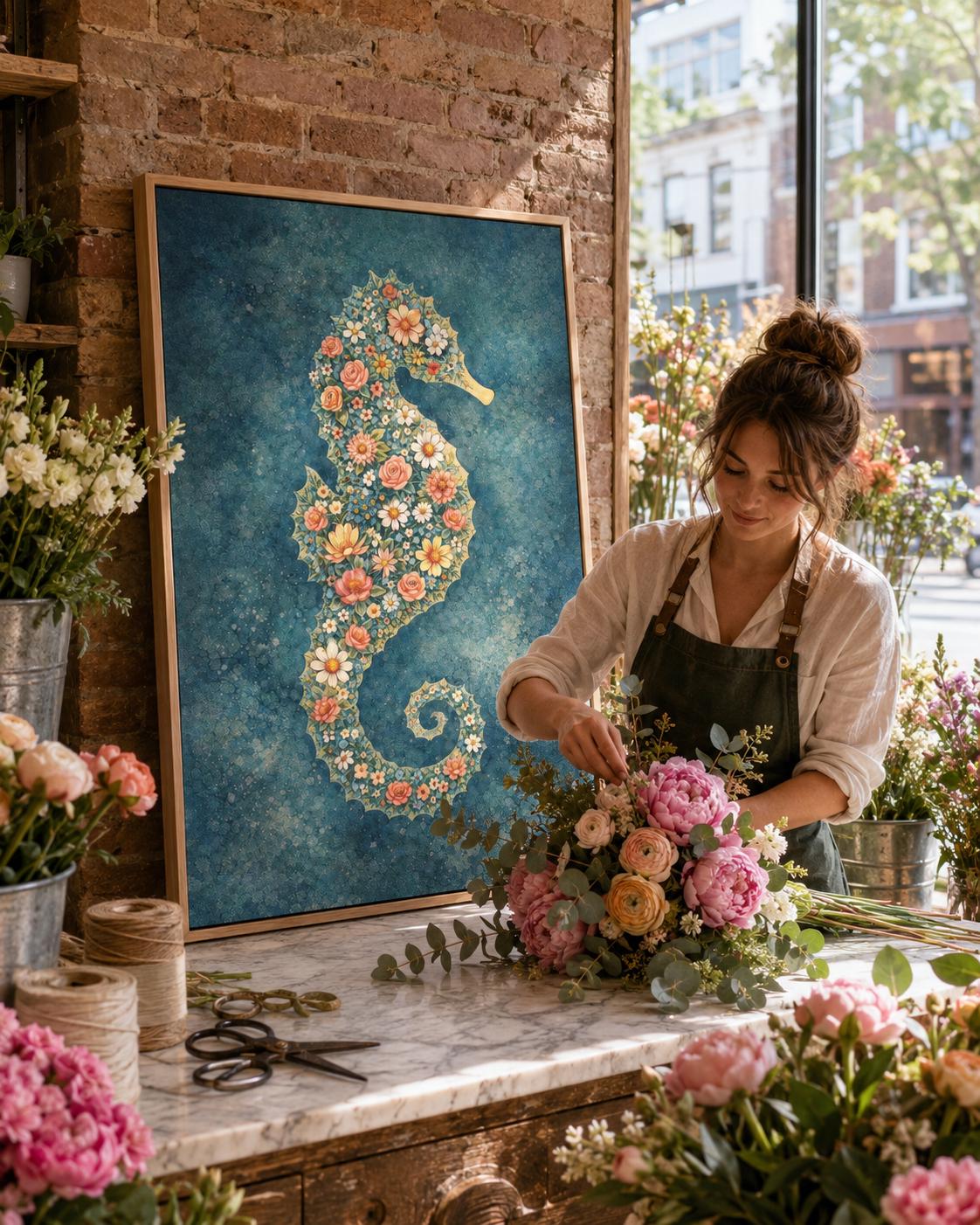 Room mockup showing a framed floral seahorse artwork above a sofa