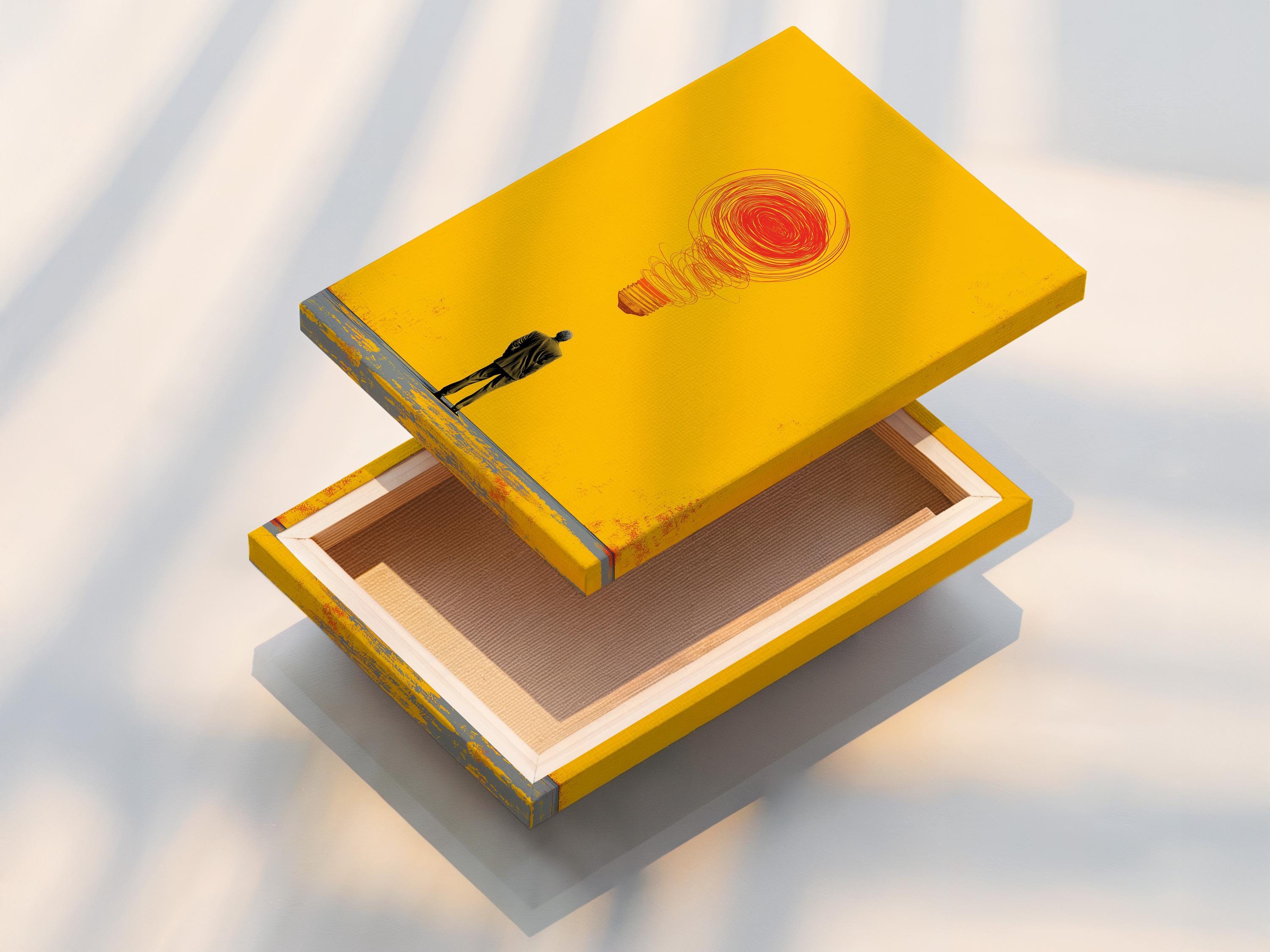 Red swirling lightbulb idea above a dark figure on a bright yellow background detail view