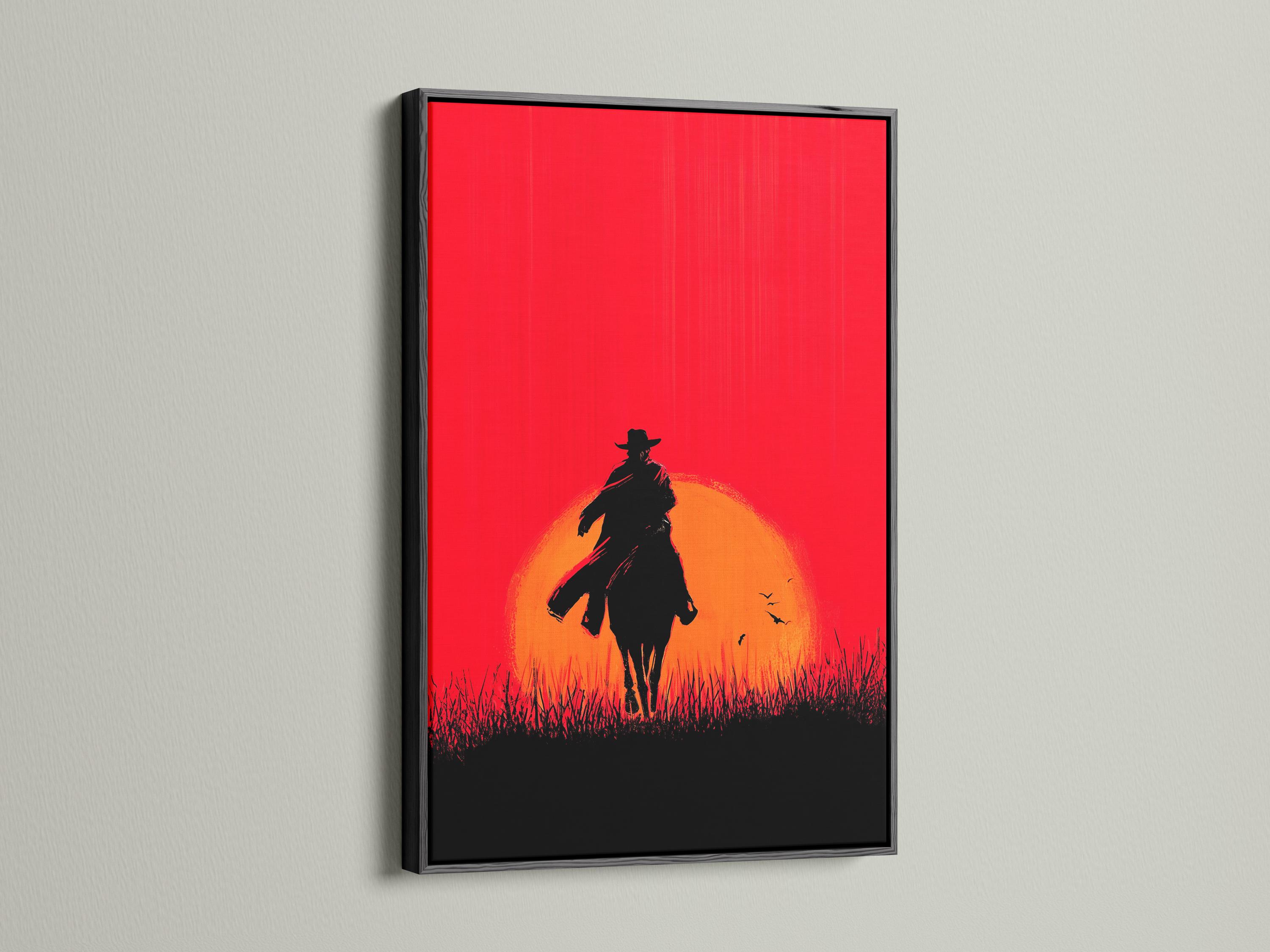 A framed artwork mockup showing a cowboy and horse silhouette at sunset against a red sky