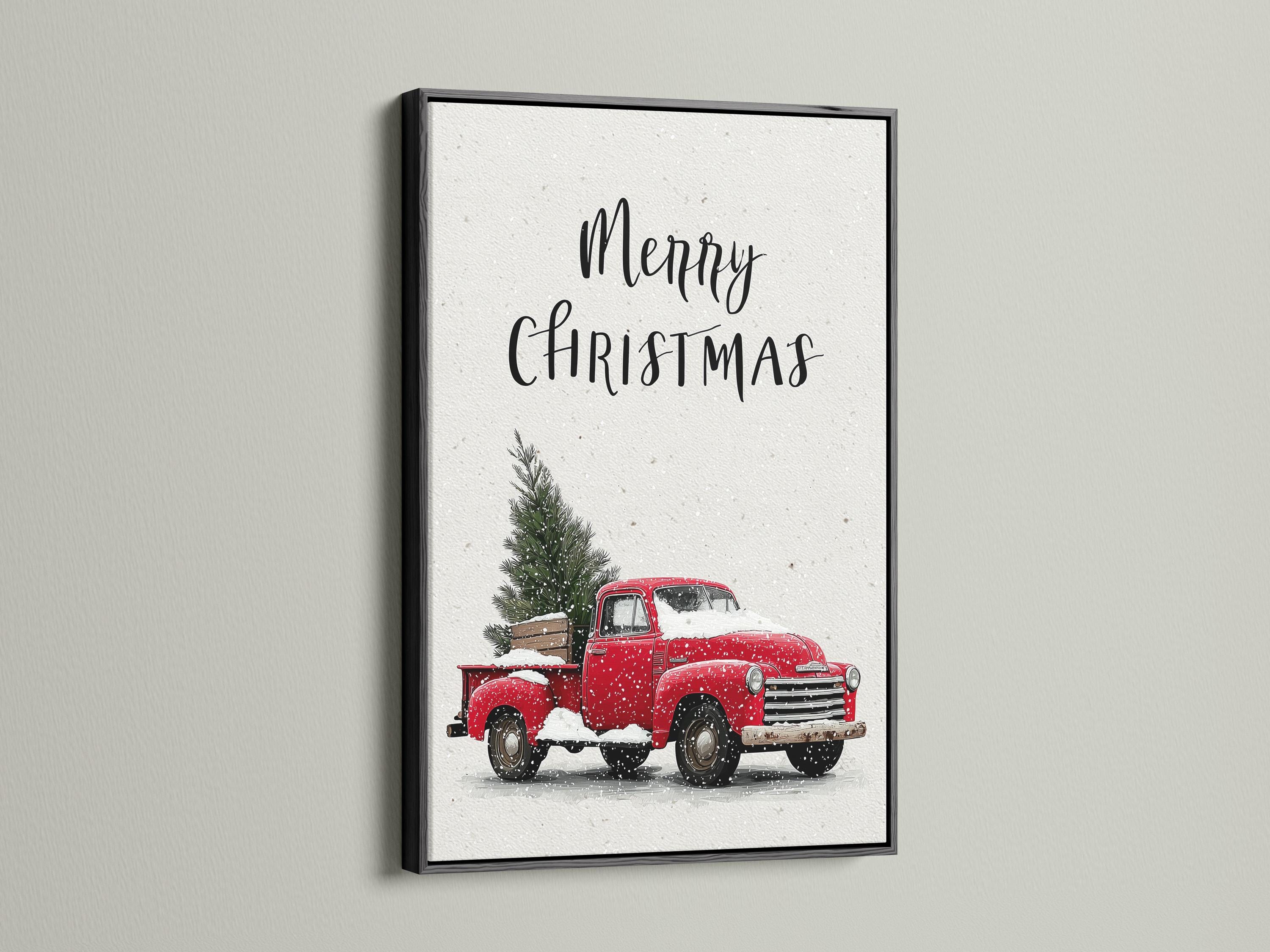 A white, snow-speckled scene shows a red vintage truck holding a Christmas tree, with handwritten-style text above it reading “Merry Christmas.”