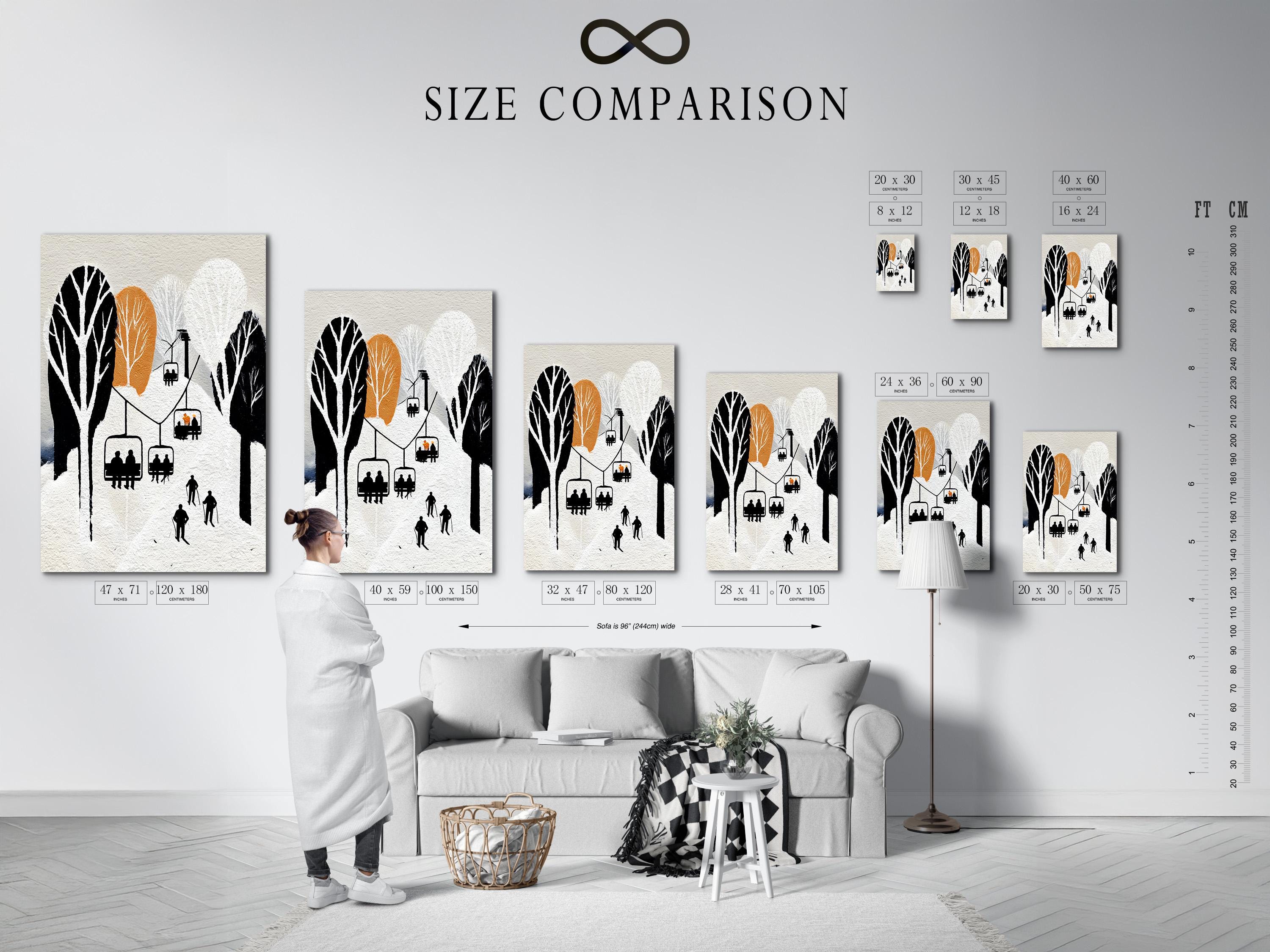 Minimalist winter ski lift scene with black silhouettes, skiers, trees and warm orange circles detail view