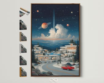 Surreal Space Landscape Canvas Print - Retro Futuristic Wall Art, Cosmic Village Poster for Bedroom Decor