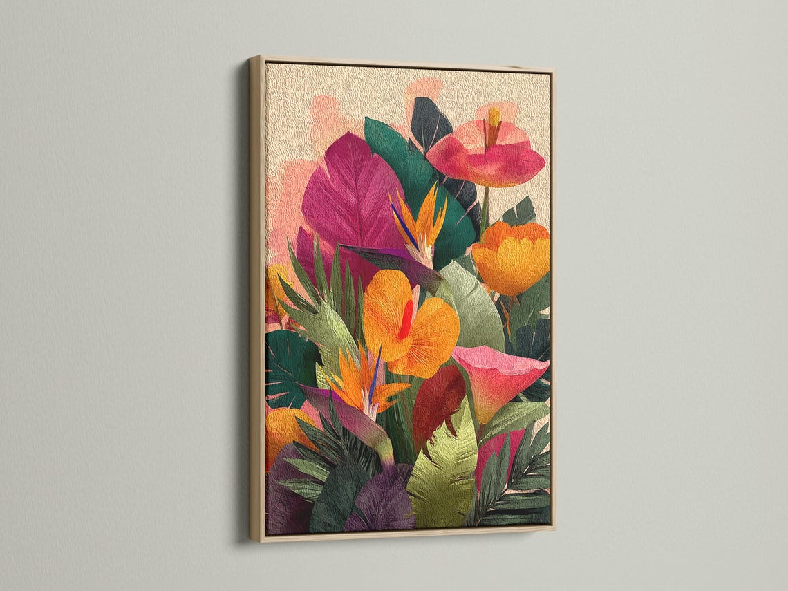 Tropical floral artwork mockup displayed on a wall with framed options shown